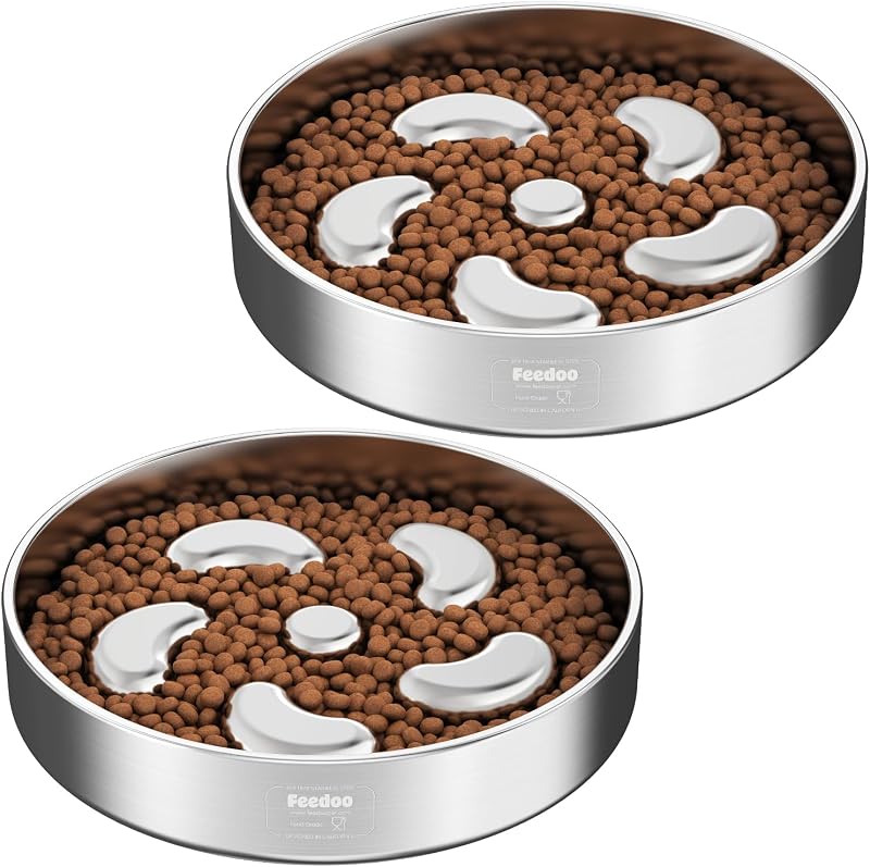Comedouro Lento para Cães Feedoo em Aço Inoxidável com Labirinto e Base Antiderrapante 2 x 480 g