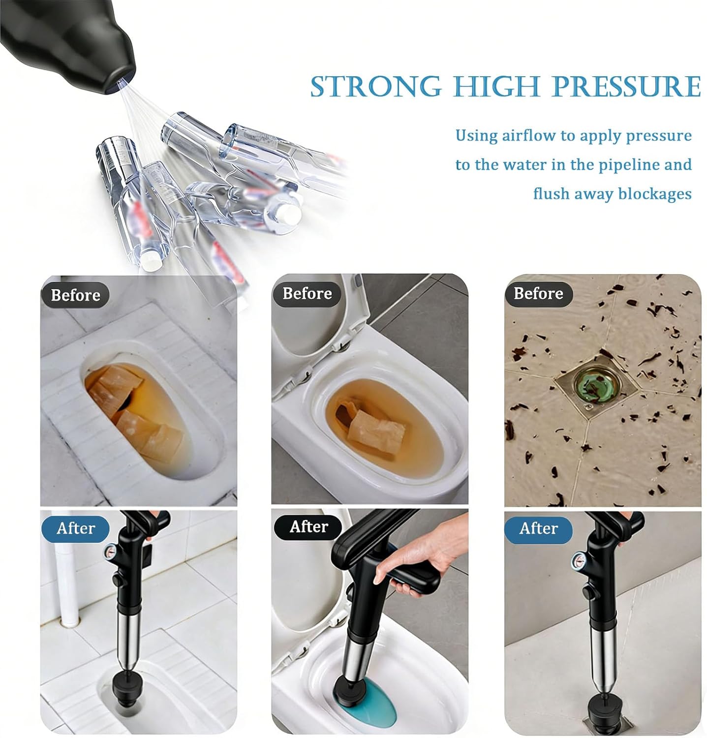 Inflatable toilet plunger stainless steel high-pressure water gun for plumbing. Easy to operate. Suitable for unclogging drains in bathrooms, kitchens, shower rooms, etc