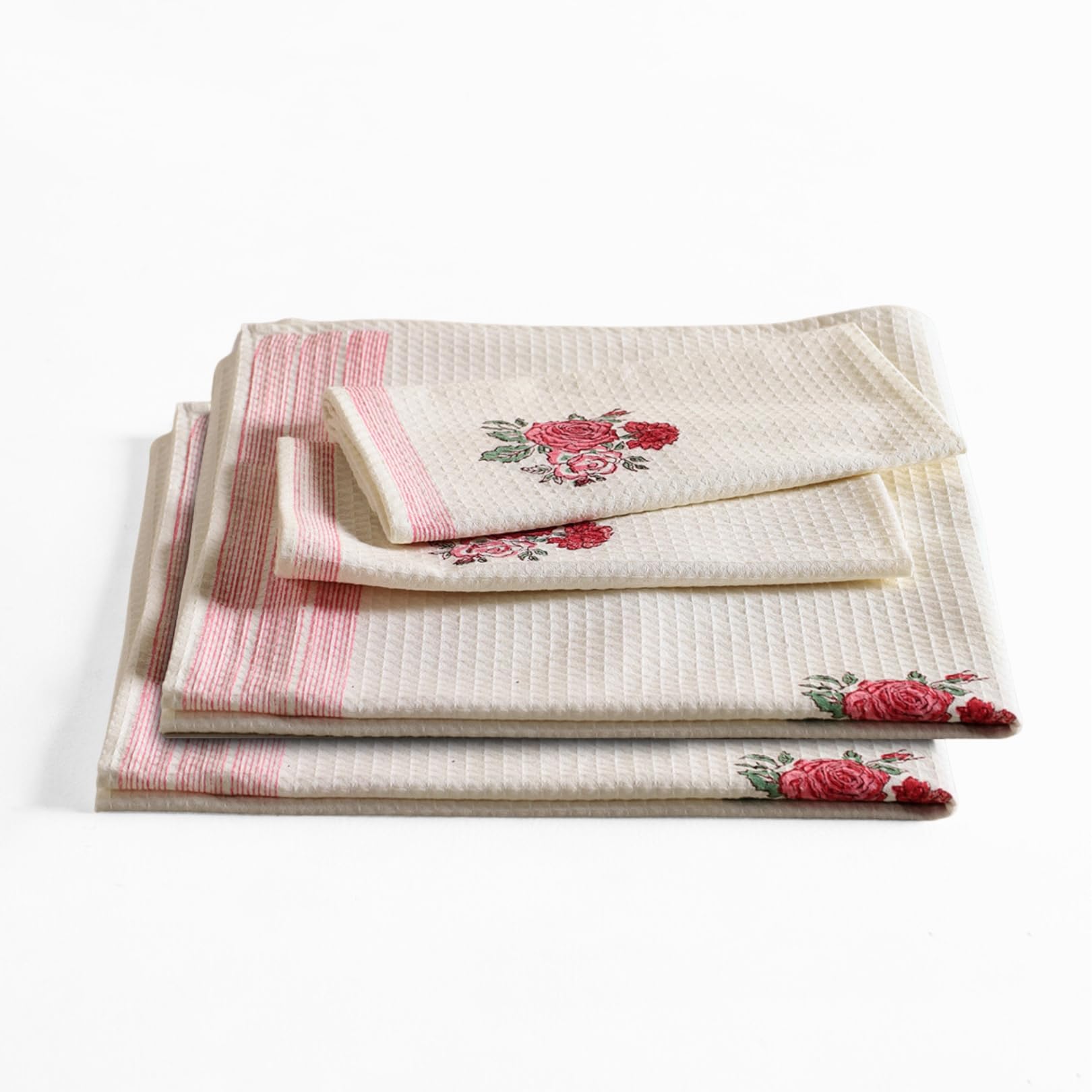 Peepul Tree Block Printed Hand and Bath Towels, Super Absorbent, Soft & Faster Drying, Floral Printed 100% Pure Cotton, 240 GSM (2 Hand 2 Bath Towel Set, Off-White & Pink Roses) (B0D62WMJRJ) Amazon Price History, Amazon Price Tracker