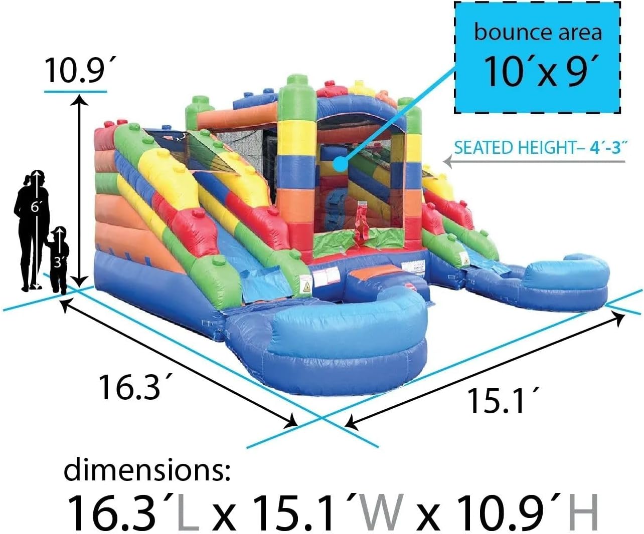 Crossover Building Block Castle Double Water Slide Bounce House Combo, 16.5 x 15 x 11 Foot, PVC Vinyl Inflatable Bouncer for Kids, Removable Pools, Stakes, Storage Bag and 1 HP Blower