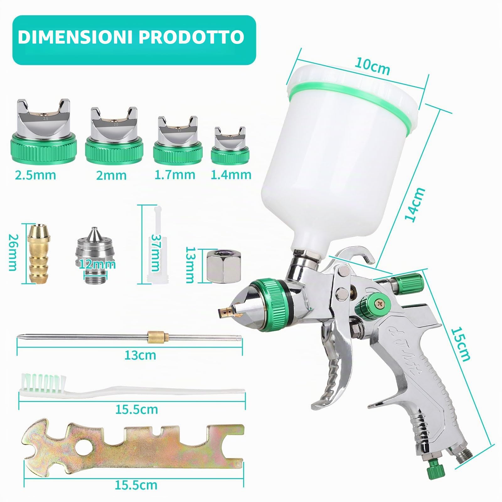 DBREAKS HVLP - Pistola a spruzzo per vernice, 1,4/1,7/2,0/2,5 mm, con tazza da 600 ml + 4 set di ugelli | Pistola per vernice per auto, mobili, fai da te (verde)
