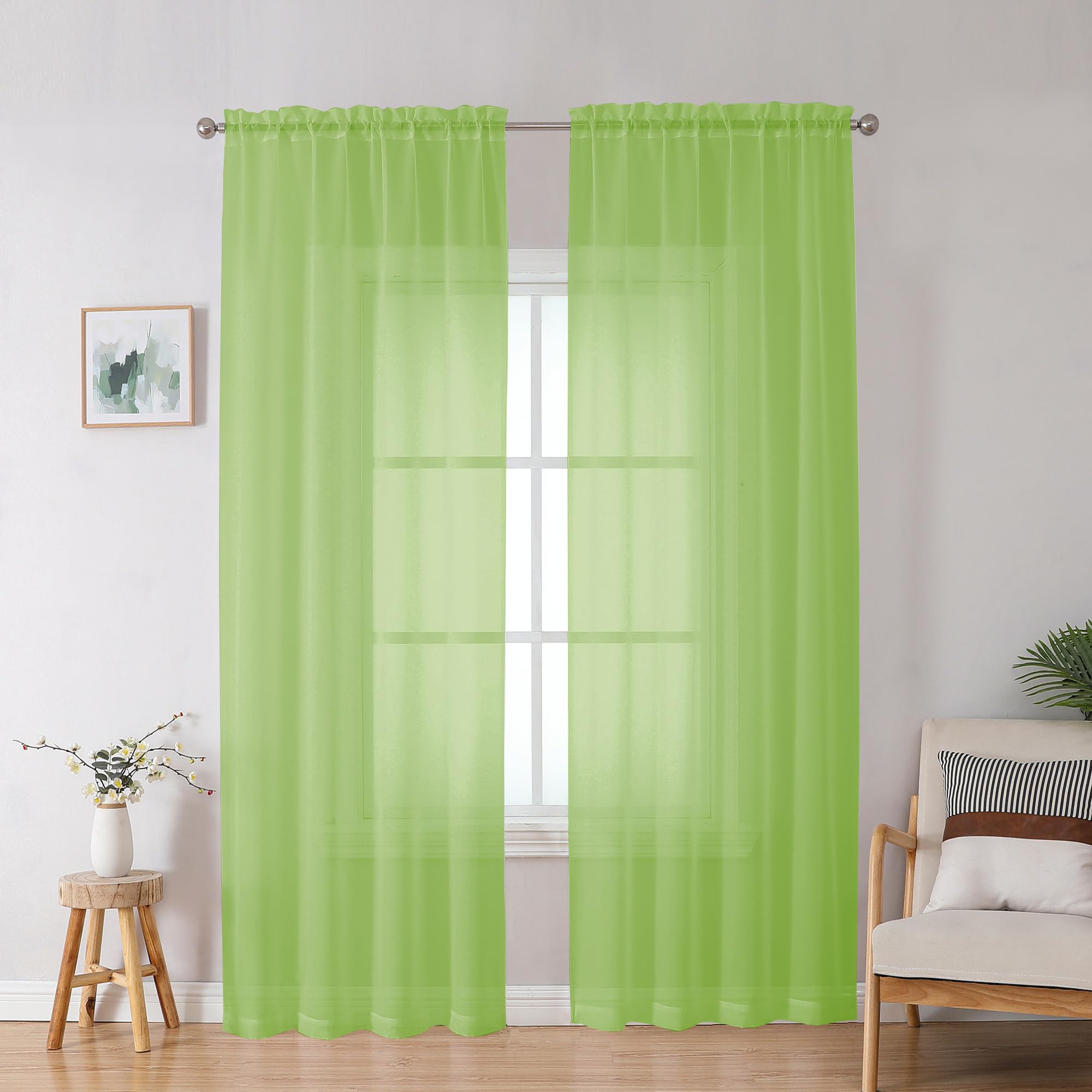 OWENIE Lime Sheer Curtains for Bedroom Living Room 90 Inches Long, Elegant Solid Light Filtering Window Curtain Panles, Modern Rod Pocket Lime Curtain, 2Pcs, Each 42" W x 90" L