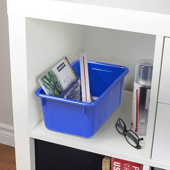 Storex Small Cubby Bins Plastic Storage Containers for Classroom with Non-Snap Lid, 12.2 x 7.8 x 5.1 inches, Blue, 5-Pack (62408A05C)