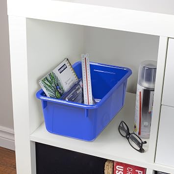 Storex Small Cubby Bins Plastic Storage Containers for Classroom with Non-Snap Lid, 12.2 x 7.8 x 5.1 inches, Blue, 5-Pack (62408A05C)