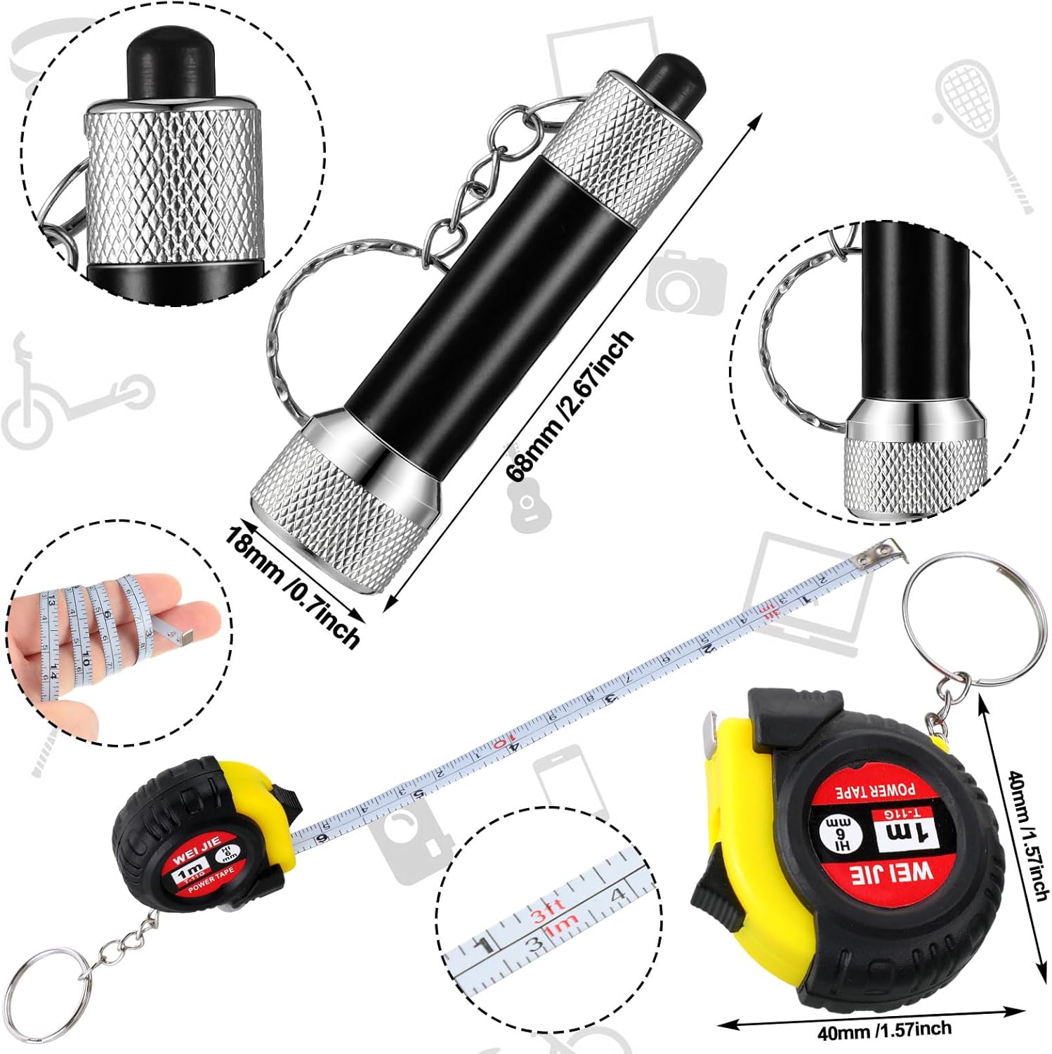 Jutom 18 Pcs Mini Tape Measure Keychain Screwdriver LED Light Keychain Bulk Men Adult Tool Party Gifts Prize for Man Father's Day Housewarming Gifts Adult Useful Tool Favors (Black)