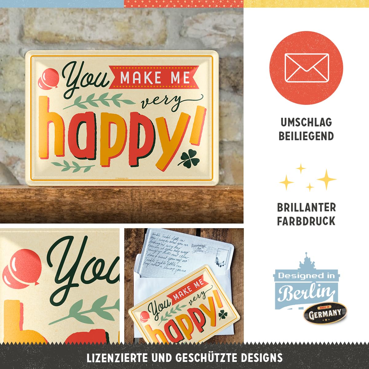 Retro Blechpostkarte – „You Make Me Happy“, 10x14 Cm, Beschreibbar, Mit Umschlag, Made In Germany