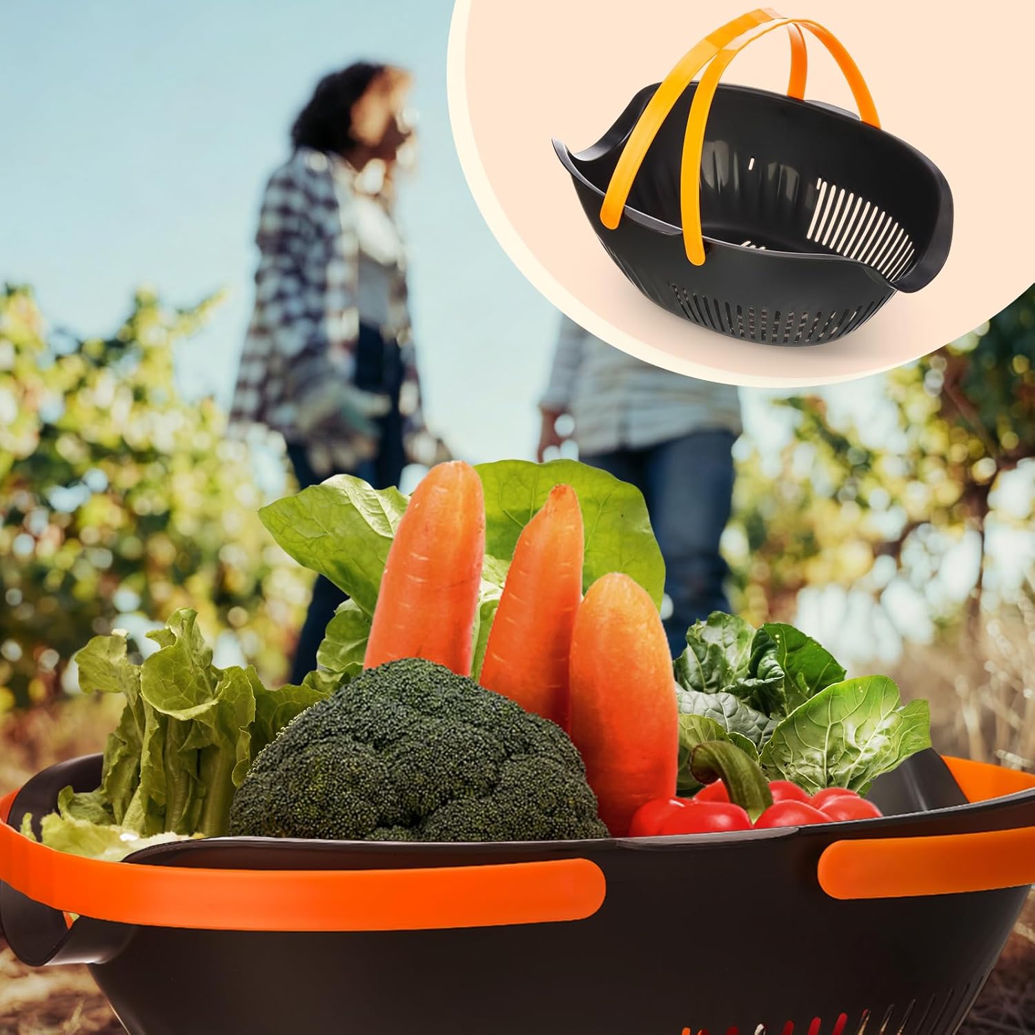 Nuogo 3 Pcs Garden Harvest Basket, Removable Partitions with Tool Caddy for Collecting, Carrying, and Cleaning Harvesting Basket Doubles as a Colander for Vegetables and Fruits Garden Accessories