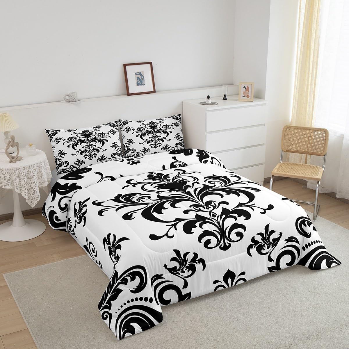 Baroque Damask Comforter Queen Black White Gothic Boho Floral Bedding Set For Boys Girls Adults Abstract Geometric Flowers Comforter Set,European Victorian Style Quilt Duvet 2 Pillow Cases