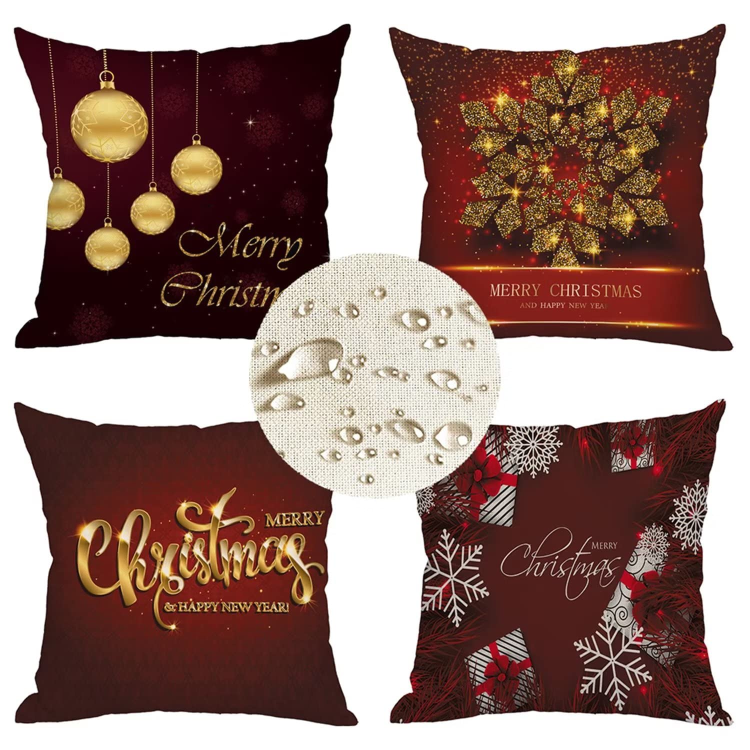 Kissenbezug 60x60cm 4er Set Rote Weihnachten Deko Kissen Kissenhülle, Beidseitiger Druck Leinen Dekokissen, Outdoor wasserdichte Kissenbezüge groß Sofakissen, deko Schlafzimmer wohnzimmer Gifts J30
