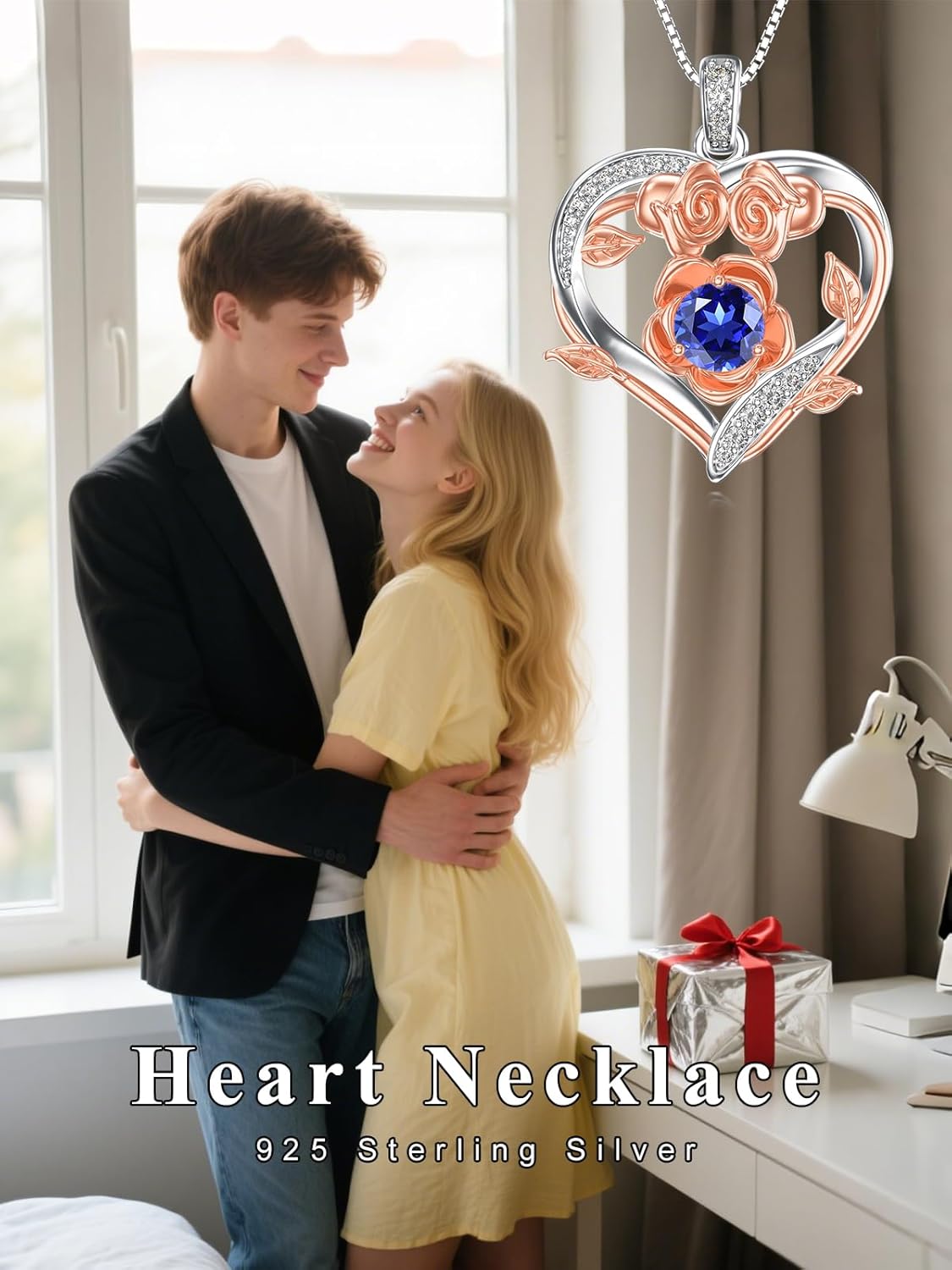 Dorunmo Heart Birthstone Necklace for Women 925 Sterling Silver Rose Pendant Birthday Jewelry Gifts for Wife Her Daughter Mom - Image 2