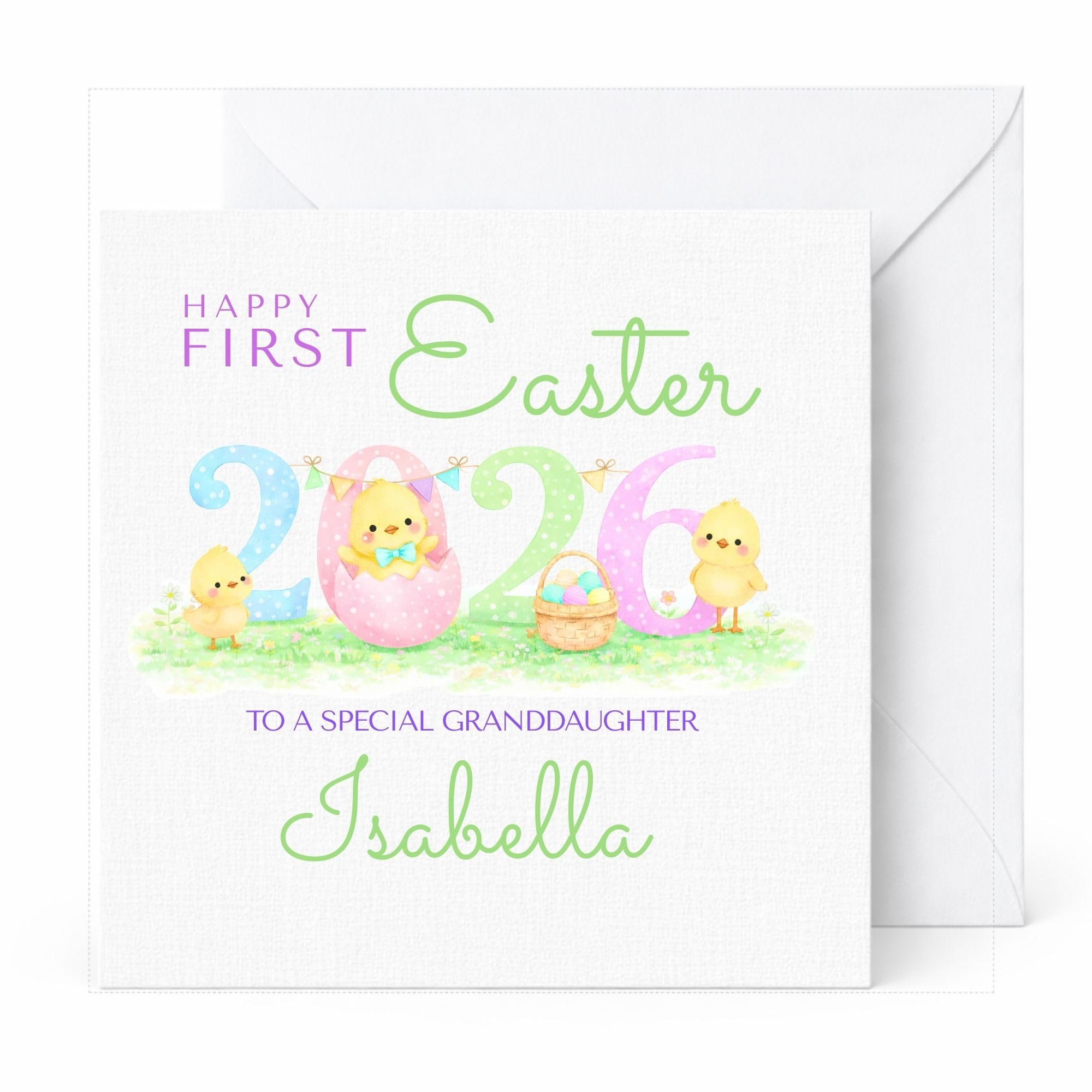 Personalised First Easter 2026 Card for Baby Girl or Boy, Custom Name & Relation, Cute Chick Easter Egg Card, Granddaughter Grandson Easter Keepsake