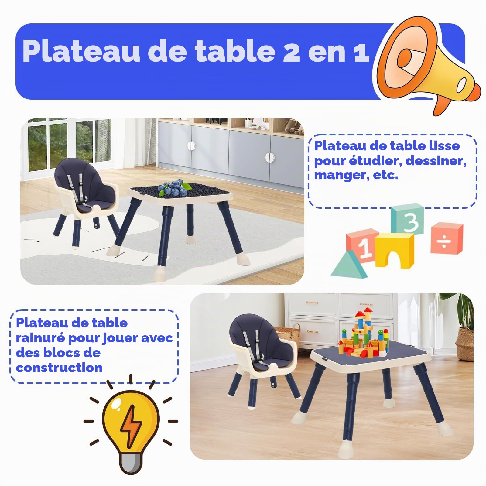 Chaise Haute Bébé Evolutive 7 en 1 avec Table à Manger, Repose-Pieds, Panier, Ceinture et Double Plateau Détachable, Chaise Haute Confort pour Bébé de 6 Mois à 6 Ans (Bleu)