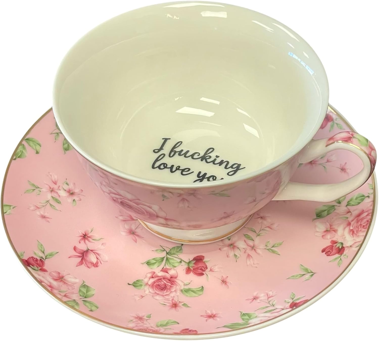 Three Black Cats Bone China I F*cking Love You - B*tch Tea Cup and Saucer Set, 8 Oz, Pink Rose Pattern, Gold Trim
