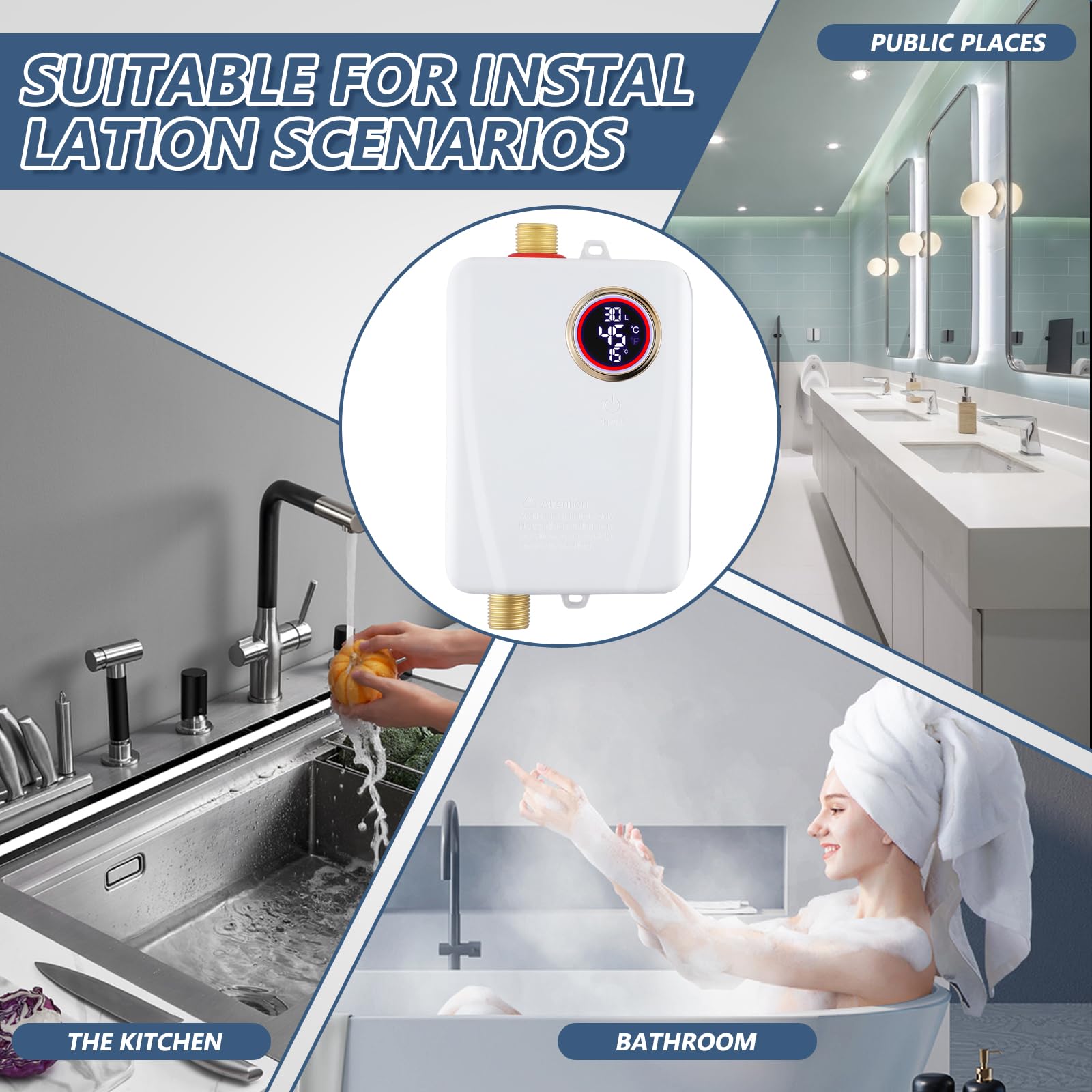 Mini calentador de agua instantáneo de 3500 W, calentador electrónico bajo fregadero con pantalla LED de temperatura. Calentador de agua instantáneo con control electrónico. compacta bajo fregadero