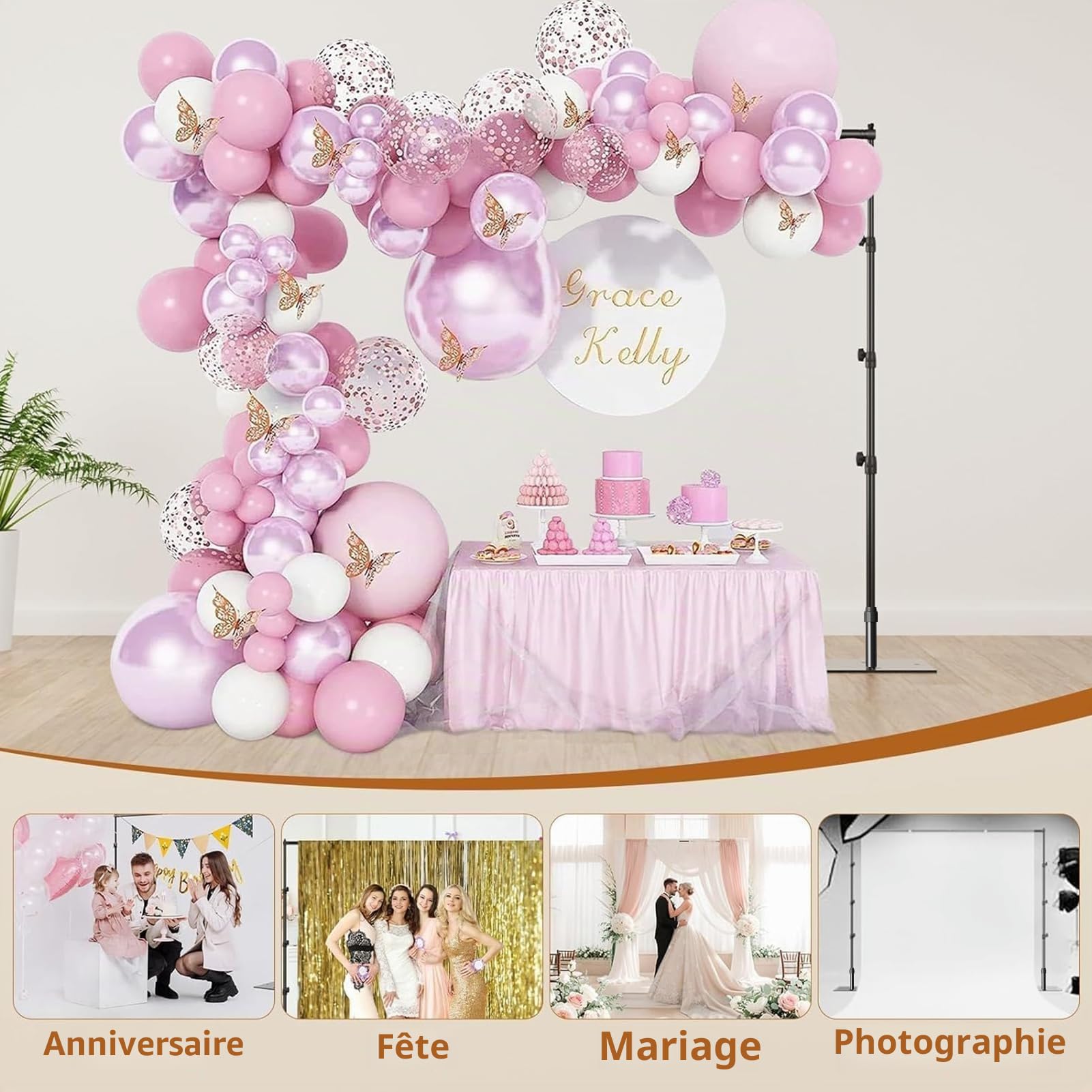 EMART Support de Toile Fond Photo 2,6x3m, Système Support Fond Photo avec Une Base en Acier Réglable pour Photographie, Fêtes, Anniversaires, Studios Vidéo