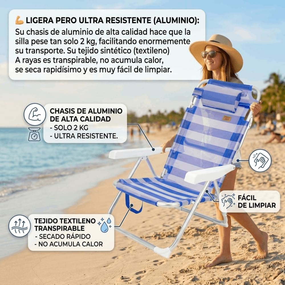 DEVESSPORT Silla de Playa Plegable y Reclinable multiposición, Estructura de Aluminio Ligera (2 kg), Tipo Bolso con Asas, Cojín Reposacabezas, Tela Textileno Transpirable a Rayas (60x50x82 cm)