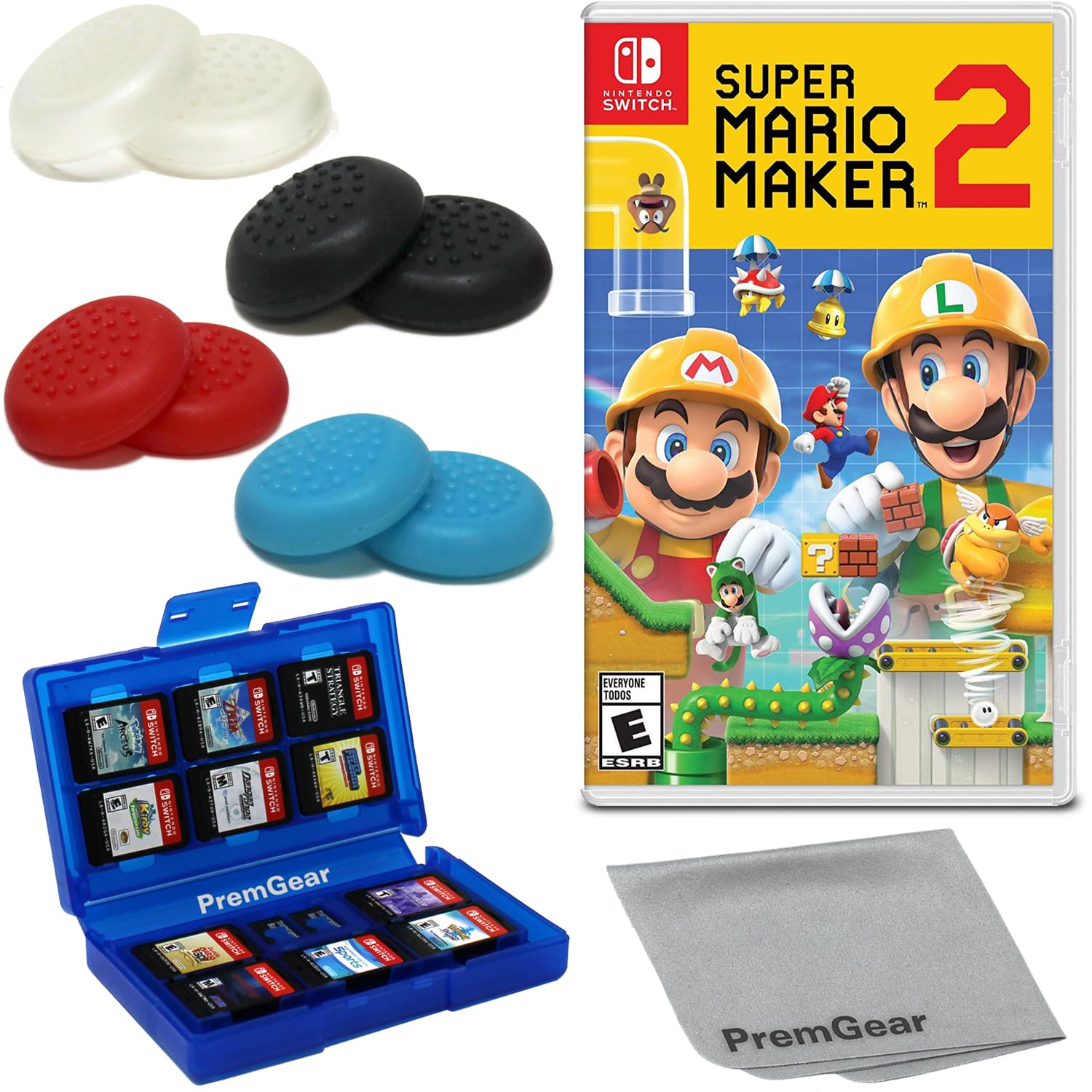 Super Mario Maker 2 for Nintendo Switch (US Version), with PremGear Thumb Grips (8 pack - Black, Blue, Red & Clear), 24 Slot Game Card Holder & Cleaning Cloth