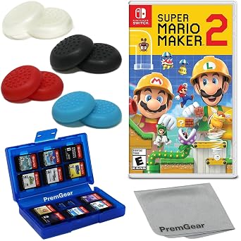 Super Mario Maker 2 for Nintendo Switch US Version, with PremGear Thumb Grips 8 pack - Black, Blue, Red & Clear, 24 Slot Game Card Holder & Cleaning Cloth