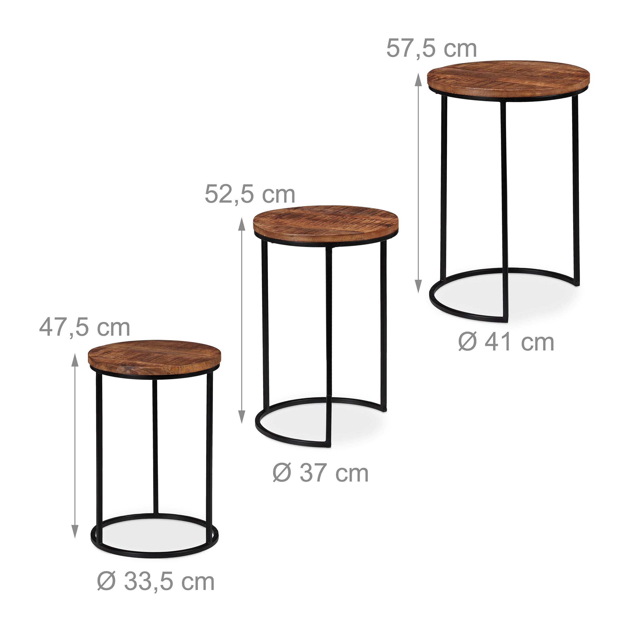 Relaxdays Tavolino da Salotto, Set da 3, Ripiano Rotondo in Legno di Mango, Telaio in Metallo, Industrial, Naturale