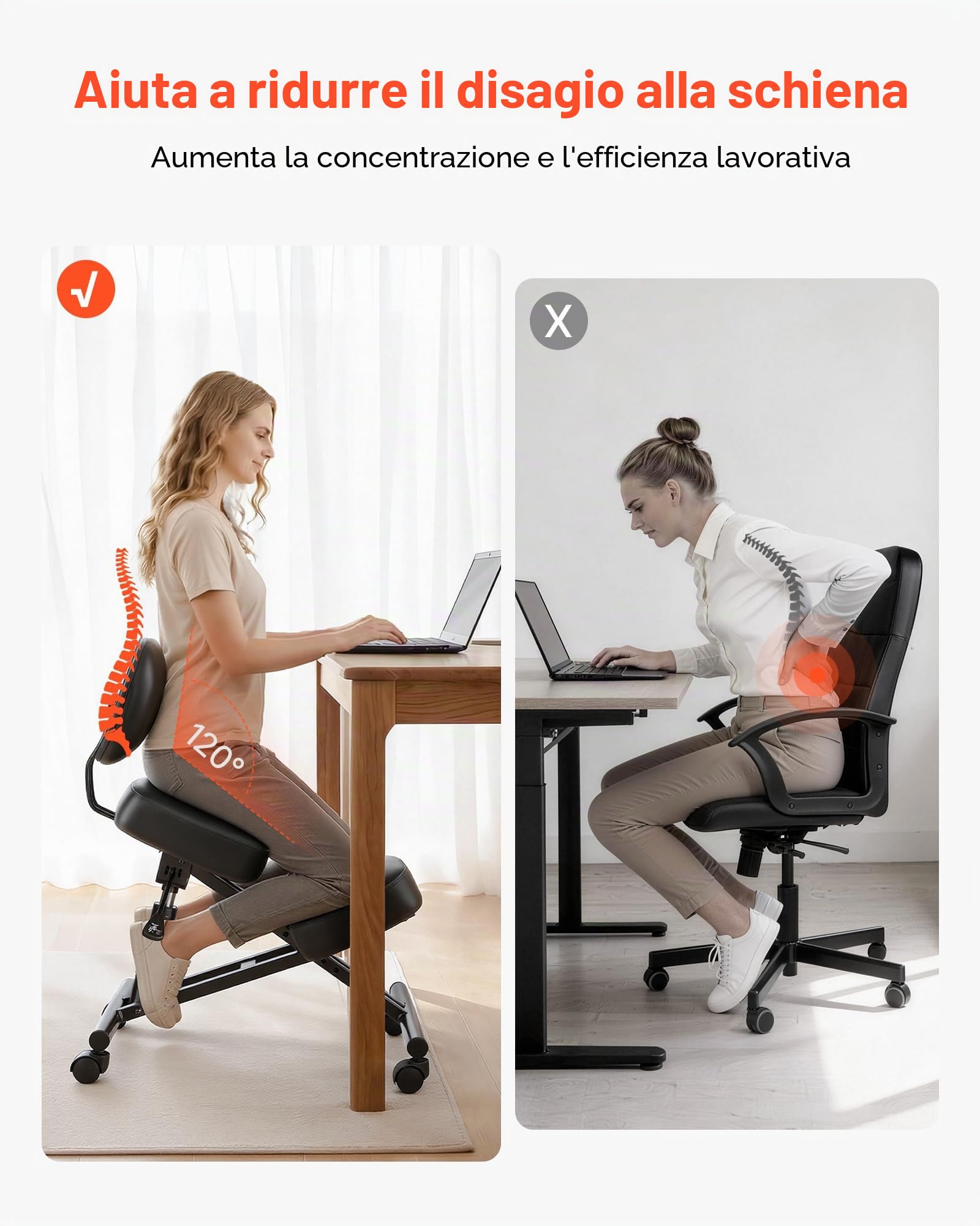 VEVOR Sedia Ergonomica a Ginocchio con Schienale Sedia a Rotelle Altezza Regolabile, Sedia Inginocchiata per Scrivania Postura Comoda da Ufficio, Sgabello Ergonomico per Casa, Carico max 120 kg