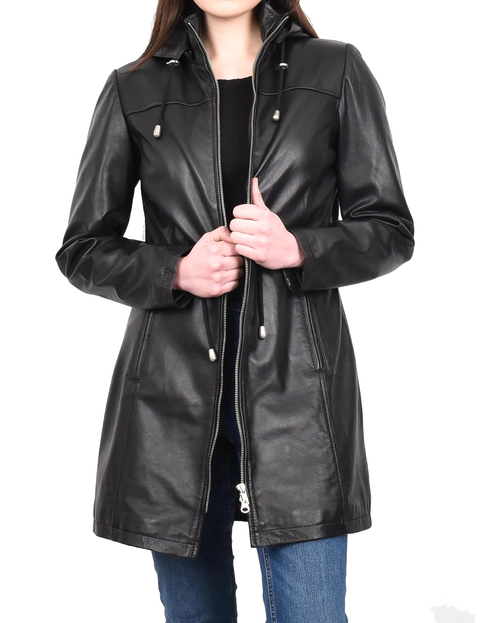 Divergent Retail Women's Black Soft Touch Nappa Leather 3/4 Dual Zip Front Detachable Hood Parka Coat Emmeline (Uk, Numeric, 14, Regular, Tall, )