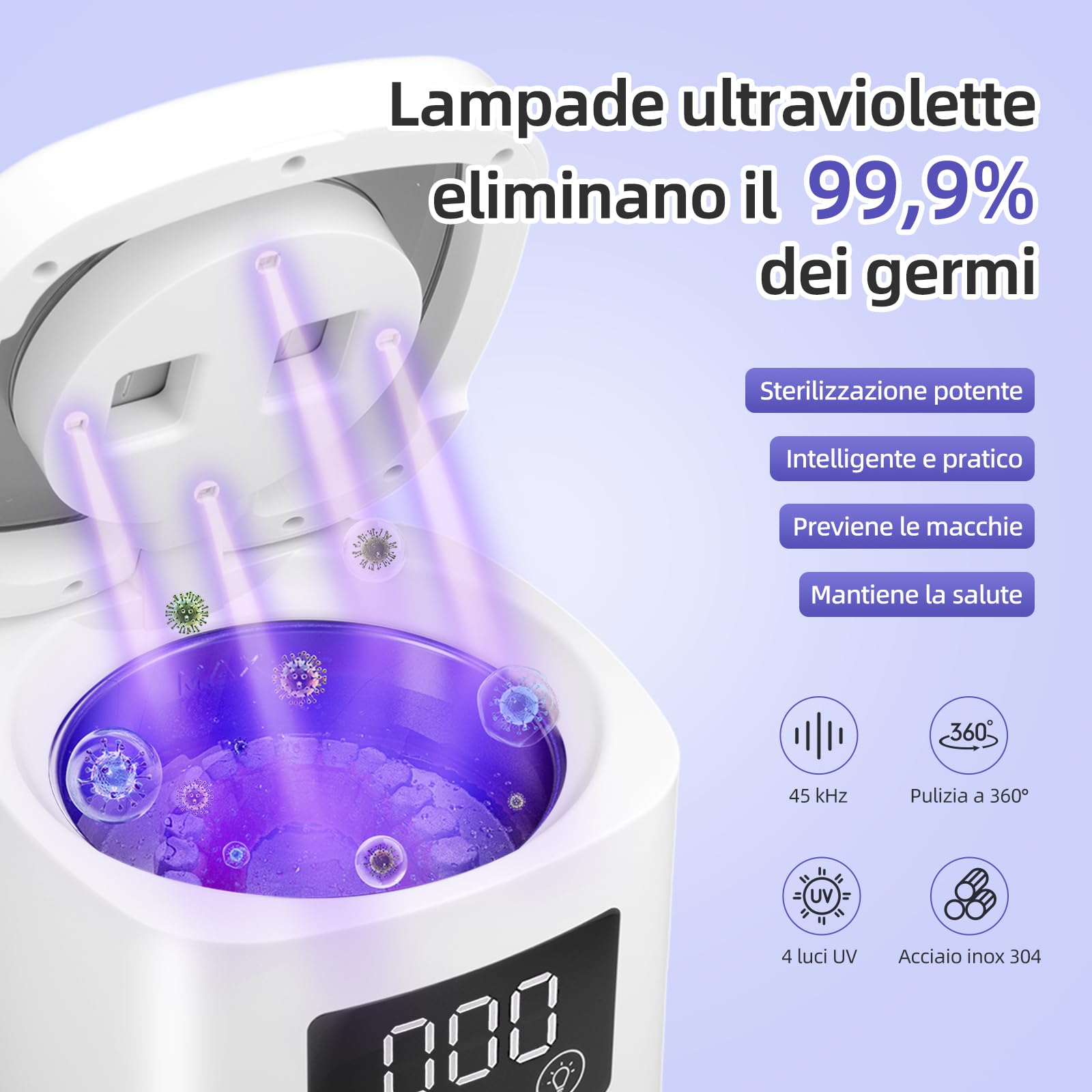 Pulitore Ultrasuoni per Apparecchio Dentale e Dental Pod UV-C - 45kHz Lavadentiera per Protesi, Bite, Mascherine Invisibili & Aligner - 200ml Vaschetta Ultrasuoni con Cestello e Pinzette