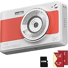Digital Camera 1080P FHD Compact Camera 56MP Camera Simple Vlogging Camera with 32G TF Card 2 Batteries Portable Digital Camera for Children Teenagers Students Seniors Beginners Orange White