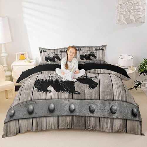 Miniatura 4 de Juego de ropa de cama rústica de granja, funda de edredón de oso de vida silvestre de bosque para niños, adultos, hombres, funda de edredón gris