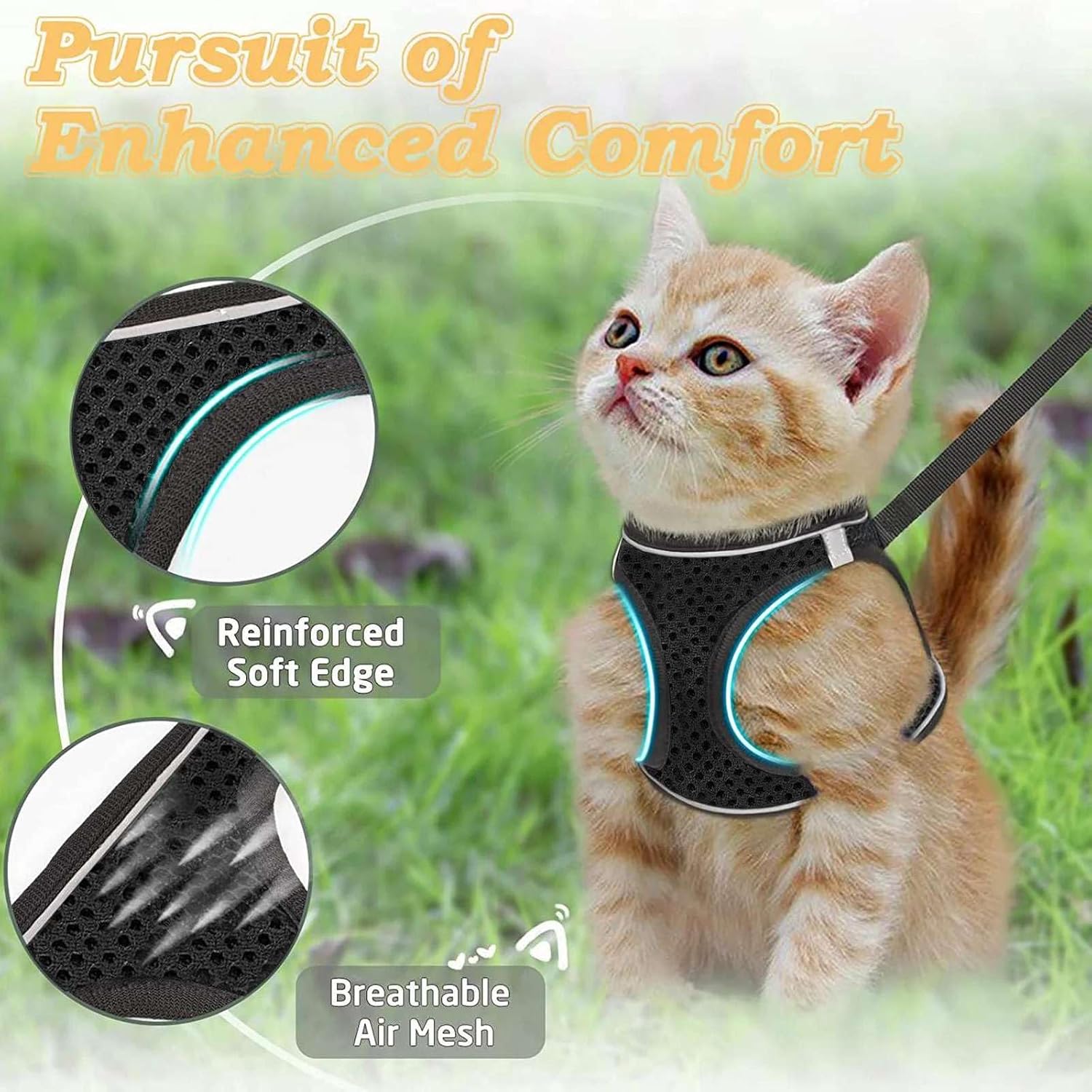 Cat Harness and Leash for Walking Escape Proof, Adjustable Kitten Vest Harness Reflective Soft Mesh Puppy Harness