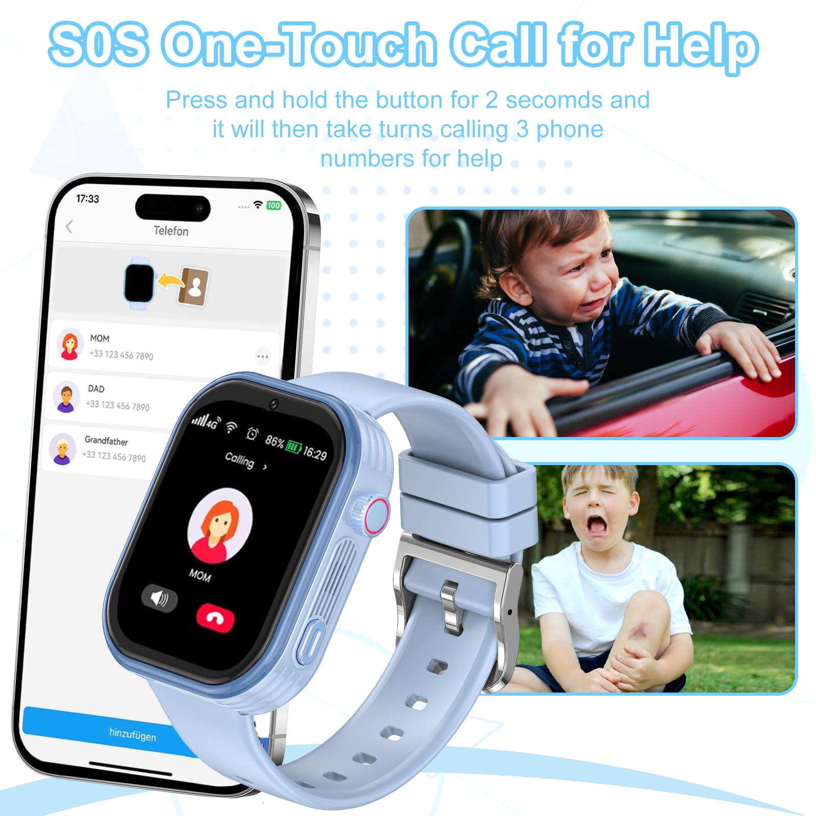 Smartwatch Bambini GPS con SIM, Orologio Gps Bambini HD Video,Telefono, 4G con Videochiamata, SOS, 7 Giochi Sveglia Modalità Classe Contapassi Ottimo Regalo per Bambini e Bambine dai 5 ai 14 anni
