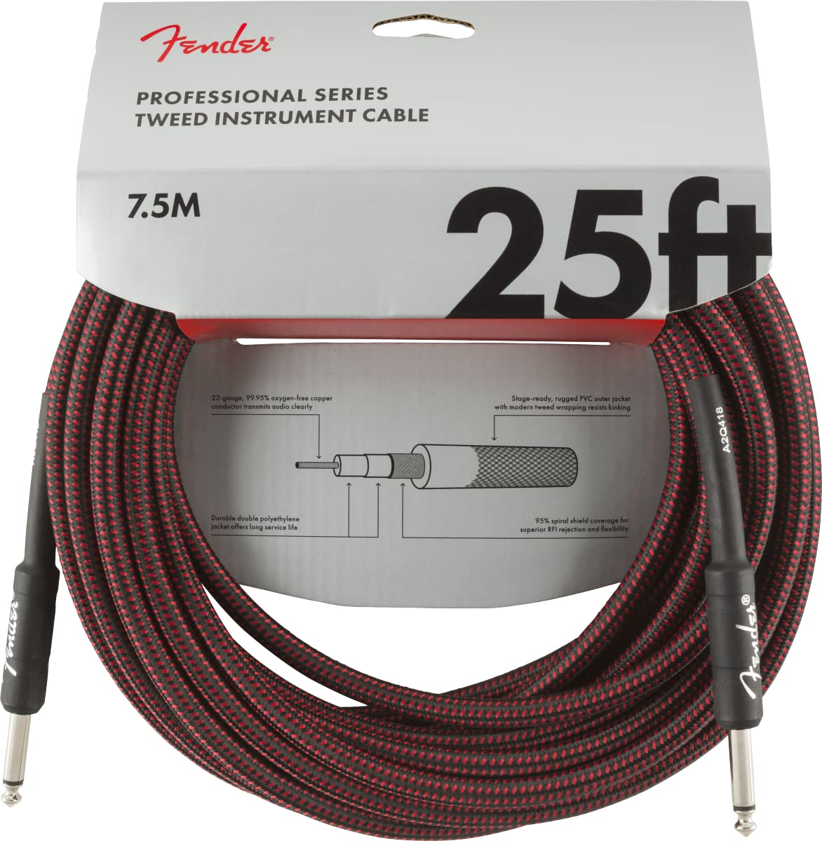 Professional Series Cable Red Tweed 25 feet, 7.5 meter