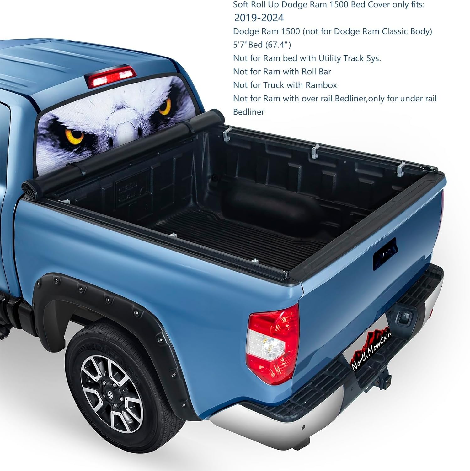 North Mountain 5.7ft Soft Roll Up Truck Tonneau Cover fits 2019-2025 Dodge Ram 1500 New Body 5.7ft Fleet/Styleside Bed(67.4"), not fit Classic Body Style, Rambox & Multi-Function Tailgate