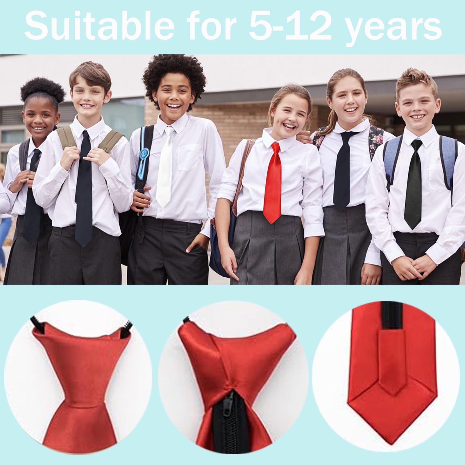 Corbata infantil preanudada de satén con cremallera ajustable 38 cm largo para niño, niña, formal, boda, celebración uniforme escolar
