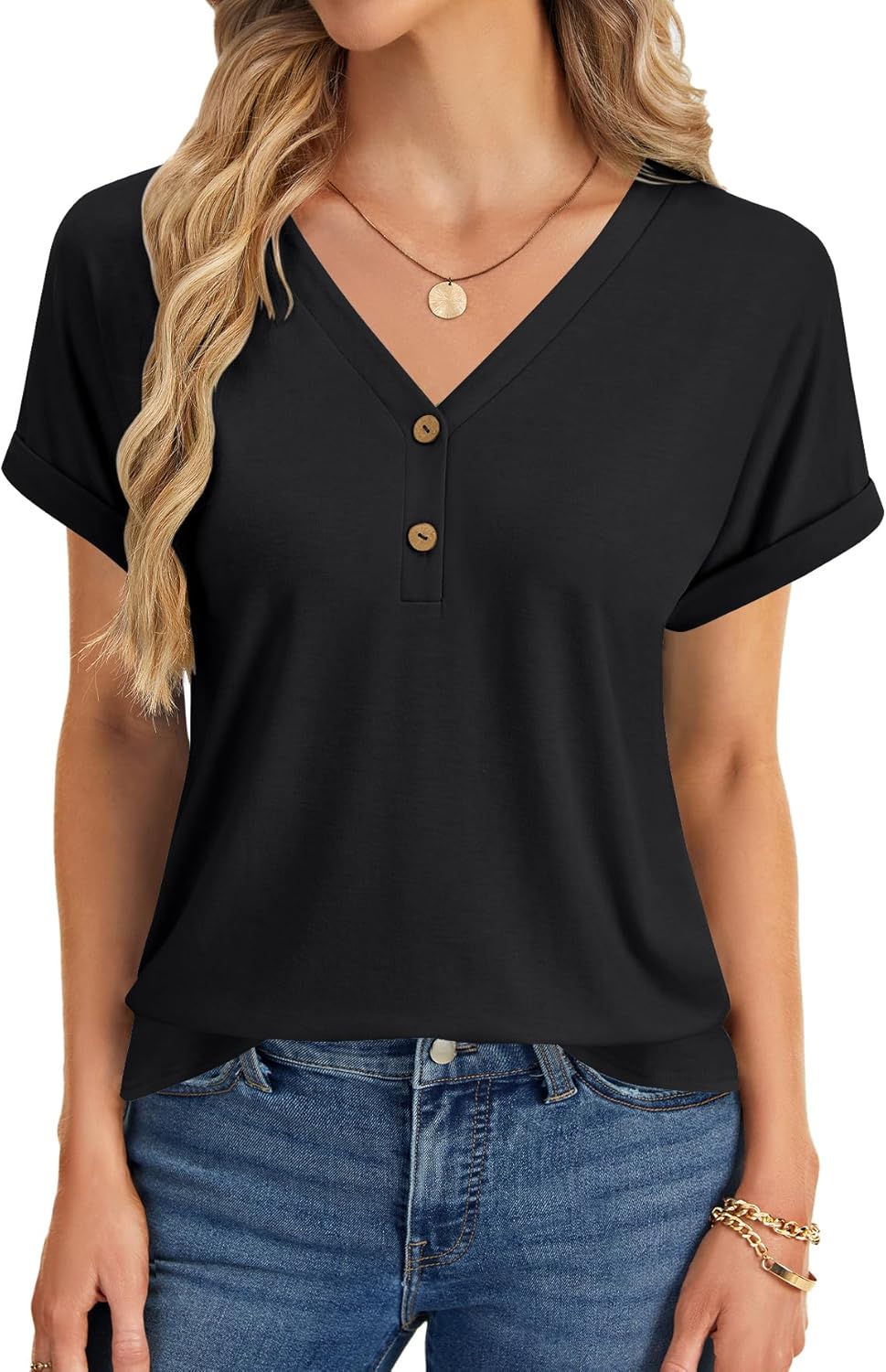 LYANER Women's V Neck Roll up Short Sleeve Button Loose Fit Dressy Casual Tunic Top Shirts