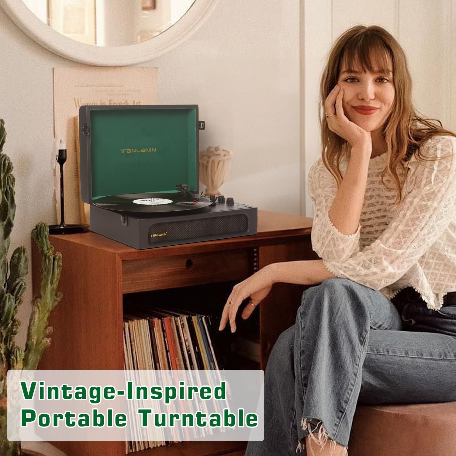 Vinyl Record Player Bluetooth with Built-in Speakers, Bass/Treble Control, Vintage Portable Turntable Support AUX/RCA Output, Black & Green（Alligator Pattern）