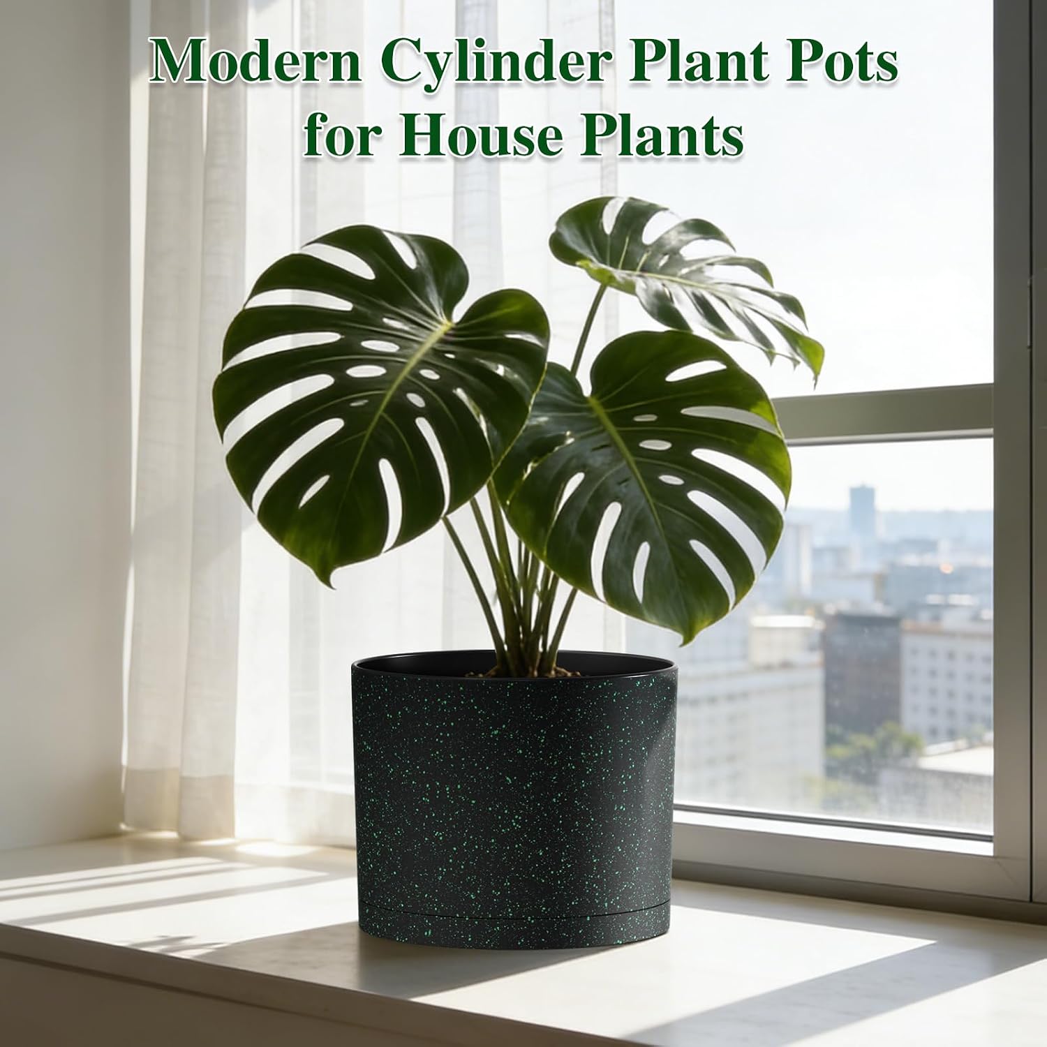 Plant Pots, 10/9/8 Inch 3 Pack Cylindrical Flower Pots with Drainage Holes and Saucers, Plastic Planters for Outdoor Indoor Plants, Black with Green Speckles