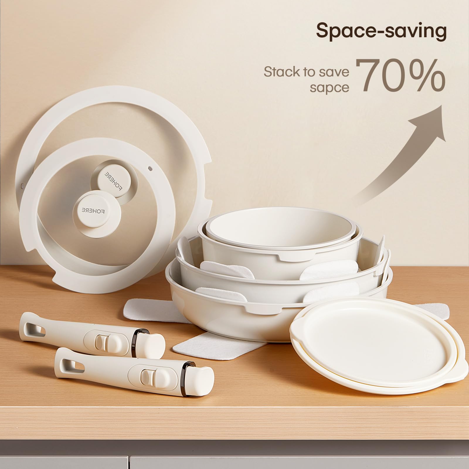 FOHERE Set di pentole e padelle antiaderenti in ceramica con 2 manici rimovibili, set da 16 pentole a induzione con coperchio per tutti i piani cottura, forno e frigorifero