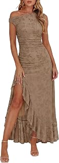 Caracilia Womens Wedding Guest Dresses Formal Off Shoulder Maxi Dress | Floral Mesh Ruched Slit, Elegant Bodycon Long Dress, 2026 Evening Cocktail Party Wear, Gown Prom Bridesmaid Rehearsal Dinner
