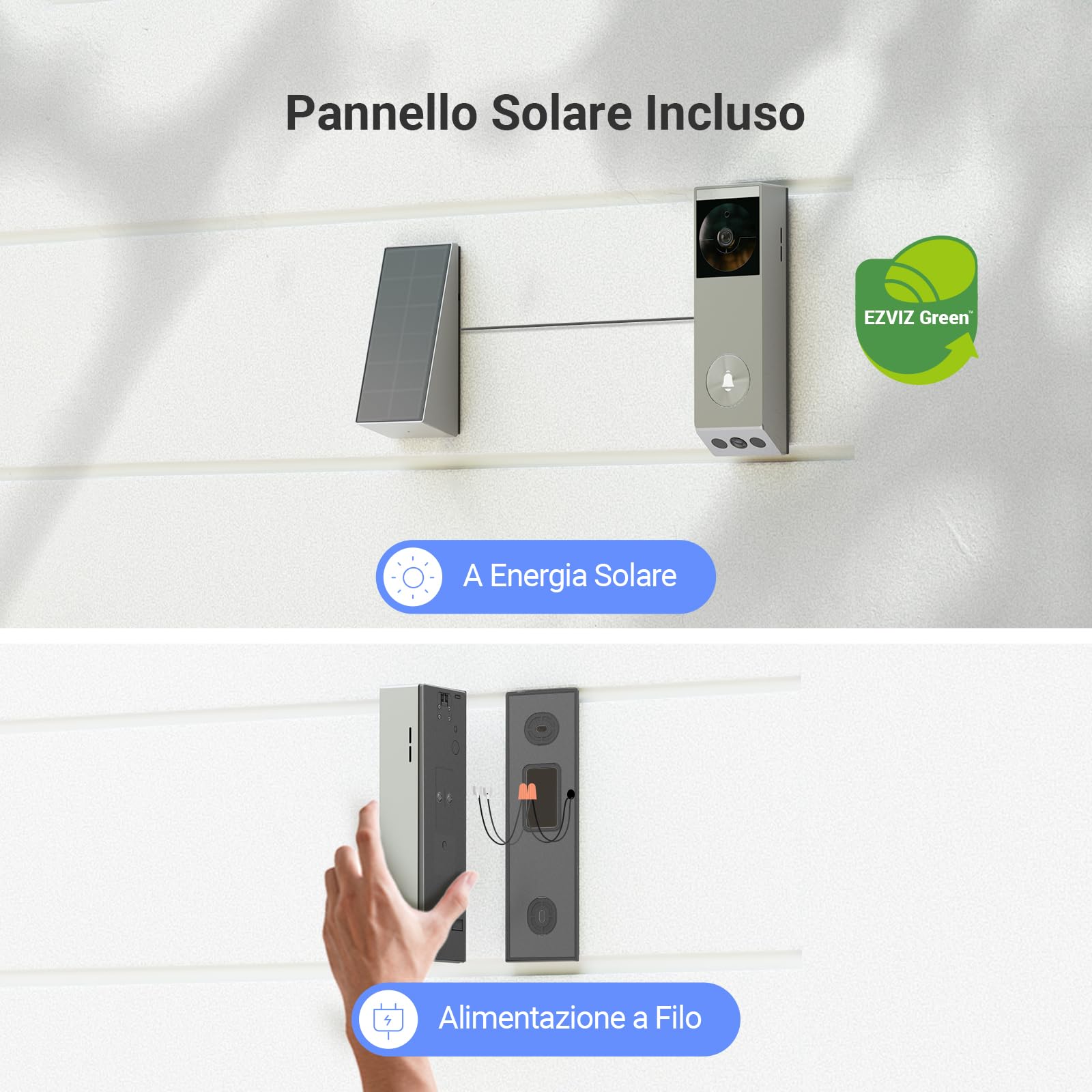 EZVIZ EP3x Pro Campanello Video a Batteria con Telecamera WiFi 2K, Doppio Obiettivo, Rilevamento di Persone/Pacchi, Visione Notturna a Colori, Pannello Solare Incluso, 32GB eMMC, Impermeabile, Alexa