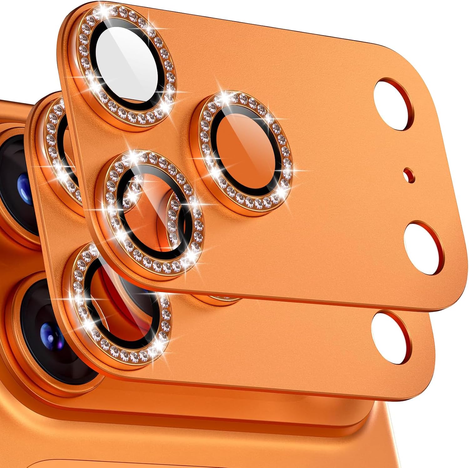 2 Packs Orange Shiny Rhinestone Camera Lens Protector Compatible With iPhone 17 Pro Max, Aluminum Alloy Material, Full Coverage, Scratch Resistant, Strong Adsorption, Case-Friendly, Metal Tempered Glass Rear Camera Screen Cover