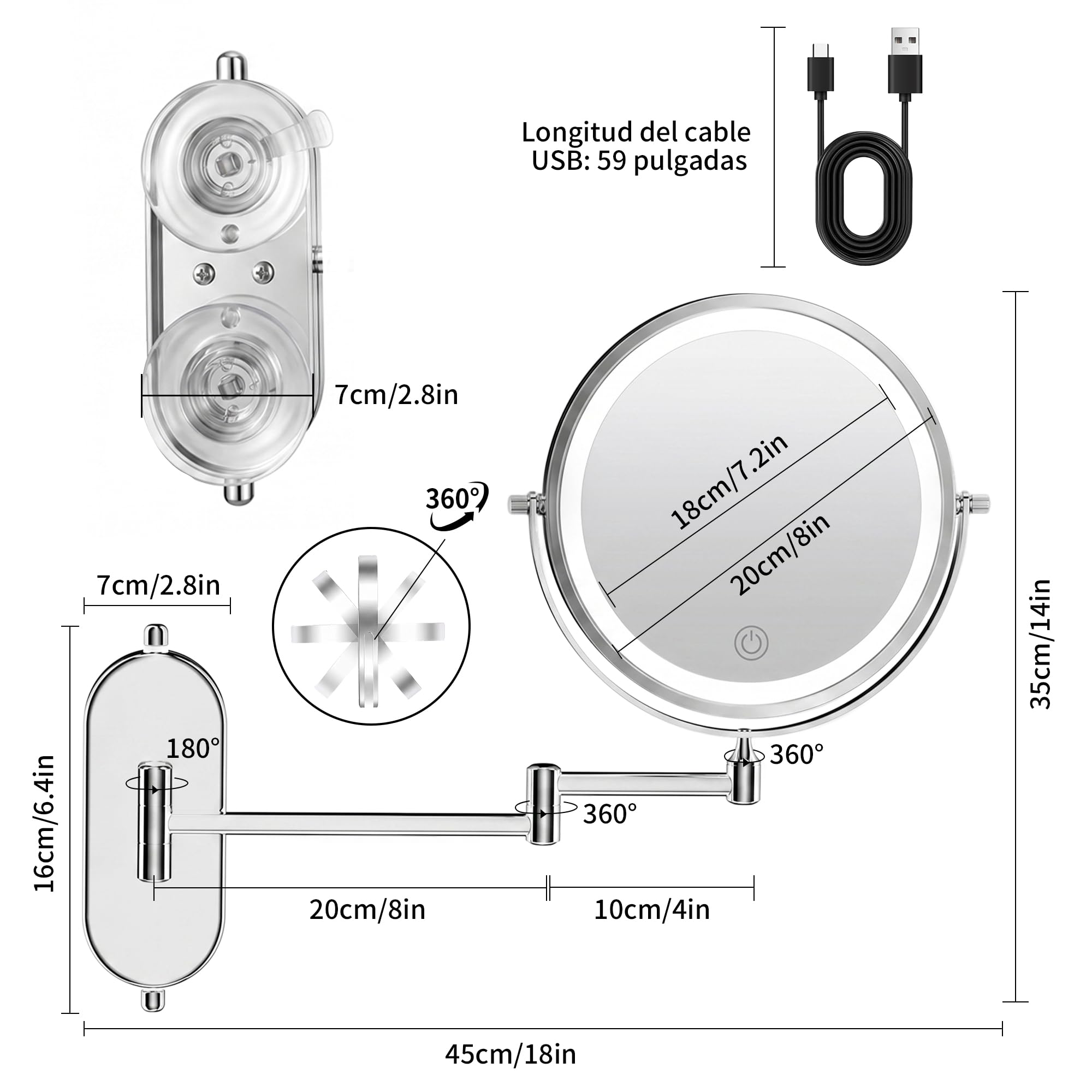 8 Pulgad Espejo Maquillaje con Luz 30X/1X – 4000mAh Espejo Aumento Baño – Aumento Recargable Doble Cara – Espejo Grande Baño Pared Brazo Extensible USB - 3 Colores Brillo Regulable para Hotel, SPA
