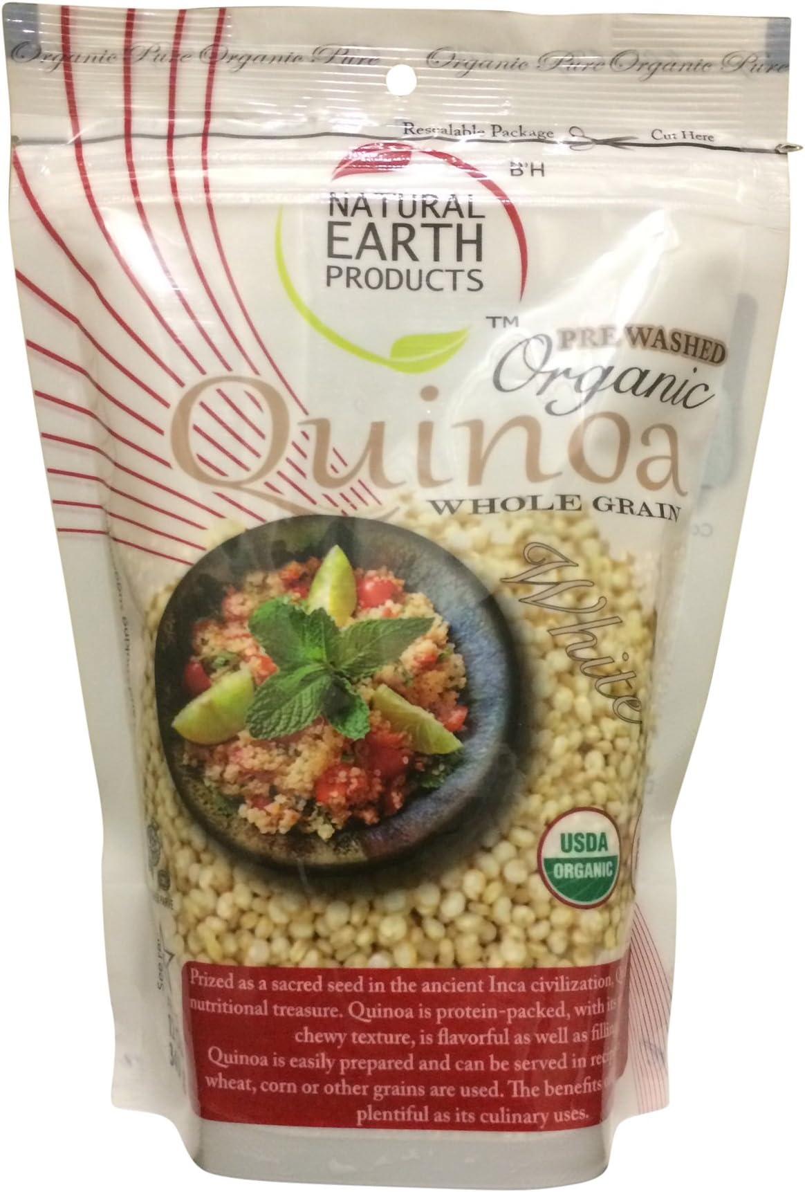 Natural Earth Organic Whole Grain Quinoa, White - Pre Washed and No Gluten, 12 Ounce Resealable Bag
