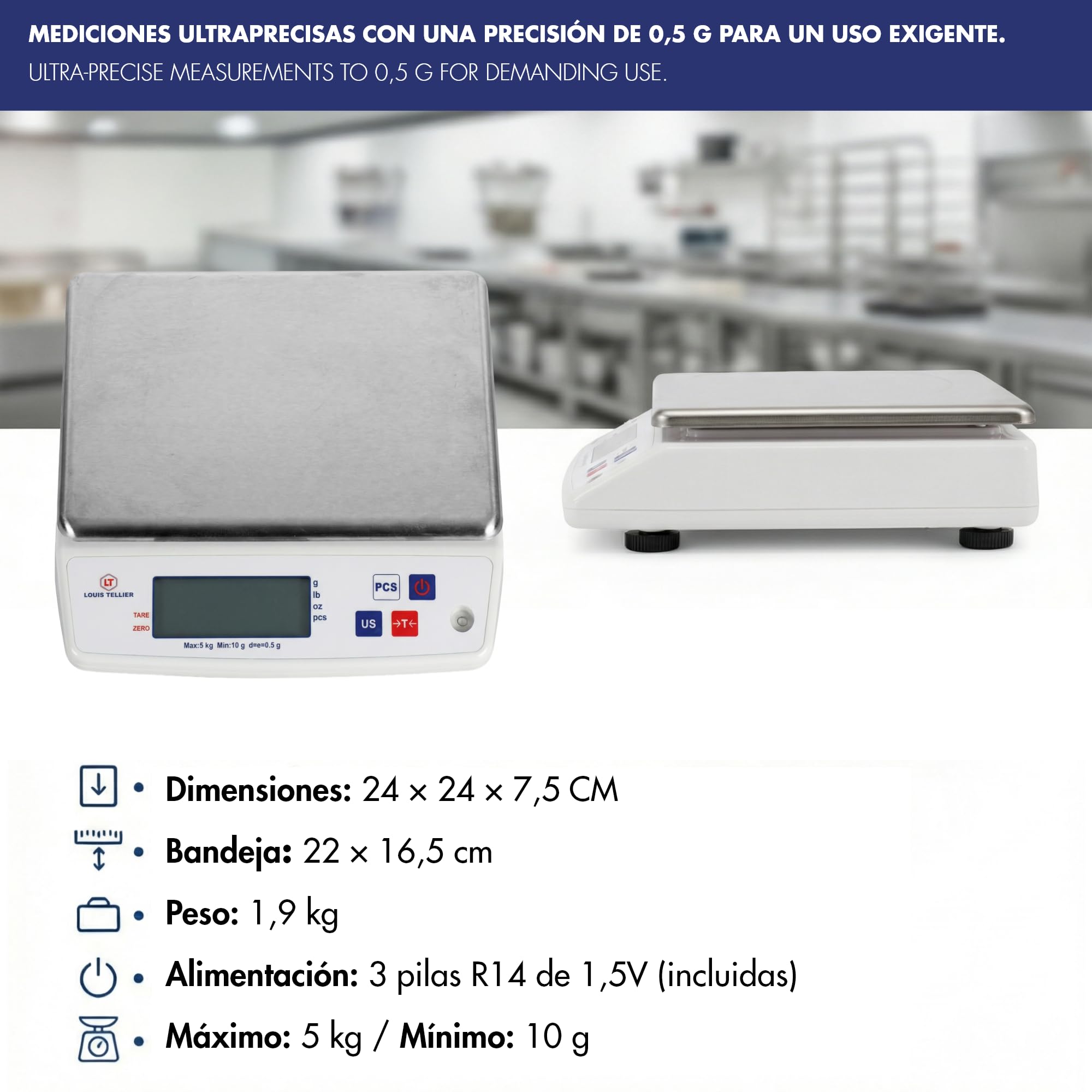 LOUIS TELLIER Báscula Electrónica Profesional 5kg IP53 Precisión 0.5g Bandeja de Báscula Extraíble Cocina Panadería 22x16.5cm