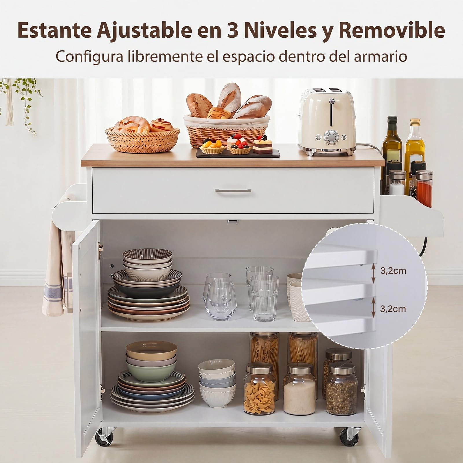COSTWAY Carro de Servicio Comedor con Ruedas,Toallero,Cajón, Puerta y Estantes Gabinete, Carrito de Cocina con Alargador, Mueble de Cocina,Blanco