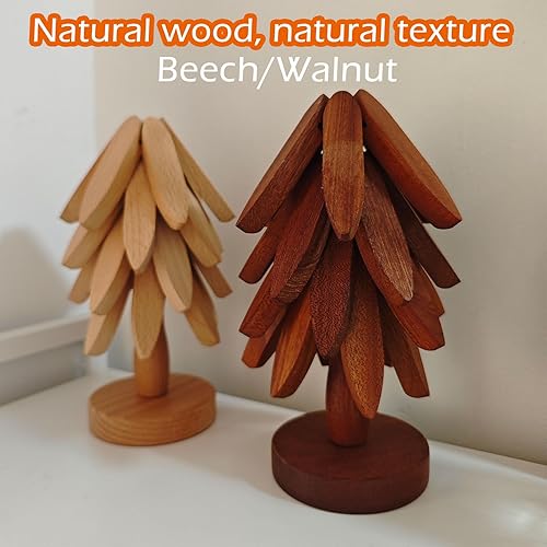 Miniatura 8 de Salvamanteles de Árbol de Madera para Platos Calientes - Juego de 3 con Soporte, Salvamanteles de Cocina Plegables Naturales para Ollas, Sartenes,