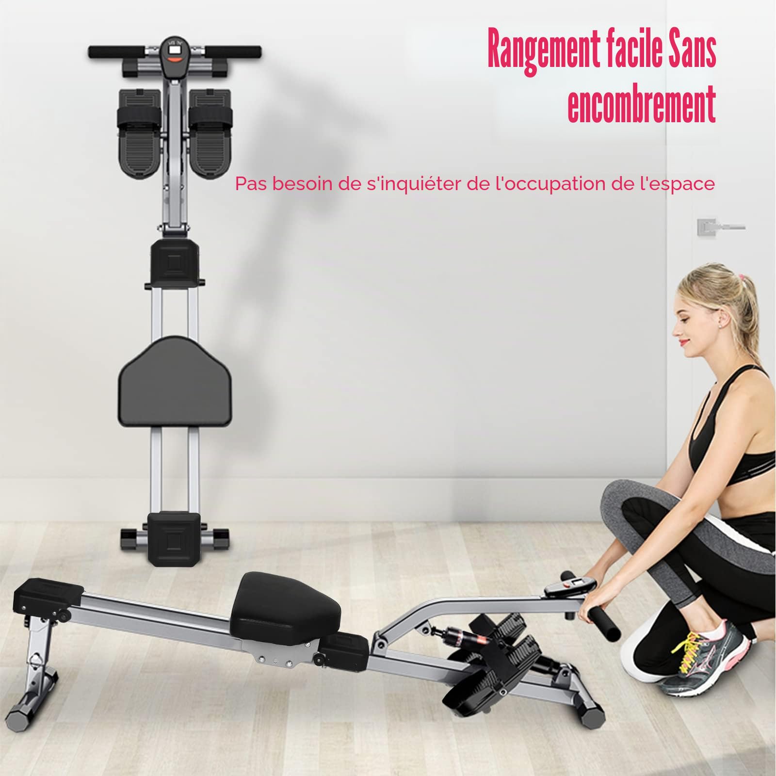 Rameur Pliable avec 12 Niveaux de Résistance - Appareil de Rameur Réglable pour la Maison - Charge Max : 120 kg - Écran LCD pour Fitness