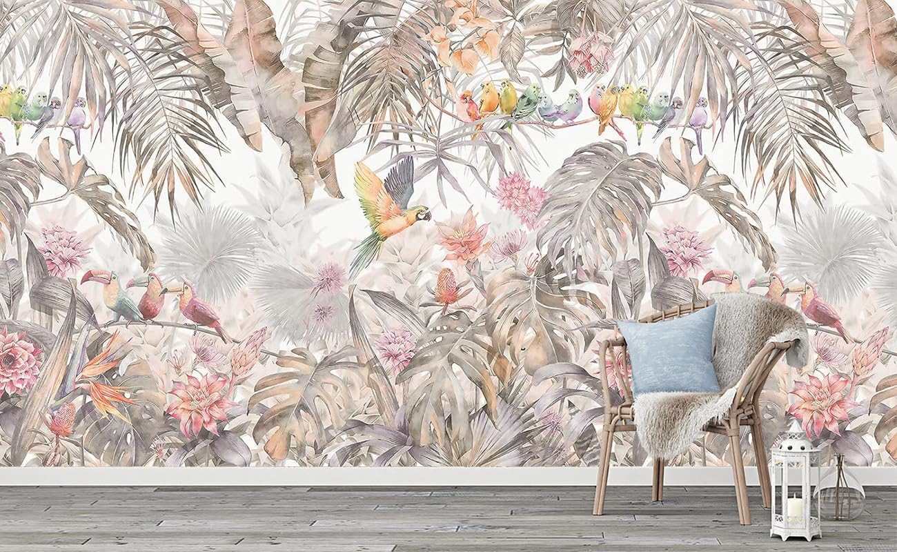 Carta da parati 3D panoramica giungla in seta tropicale, 500 x 280 cm, piante rosa, fiori, foglie, uccello, pappagallo, grande poster da parete per soggiorno, adulti, cameretta dei bambini, studio