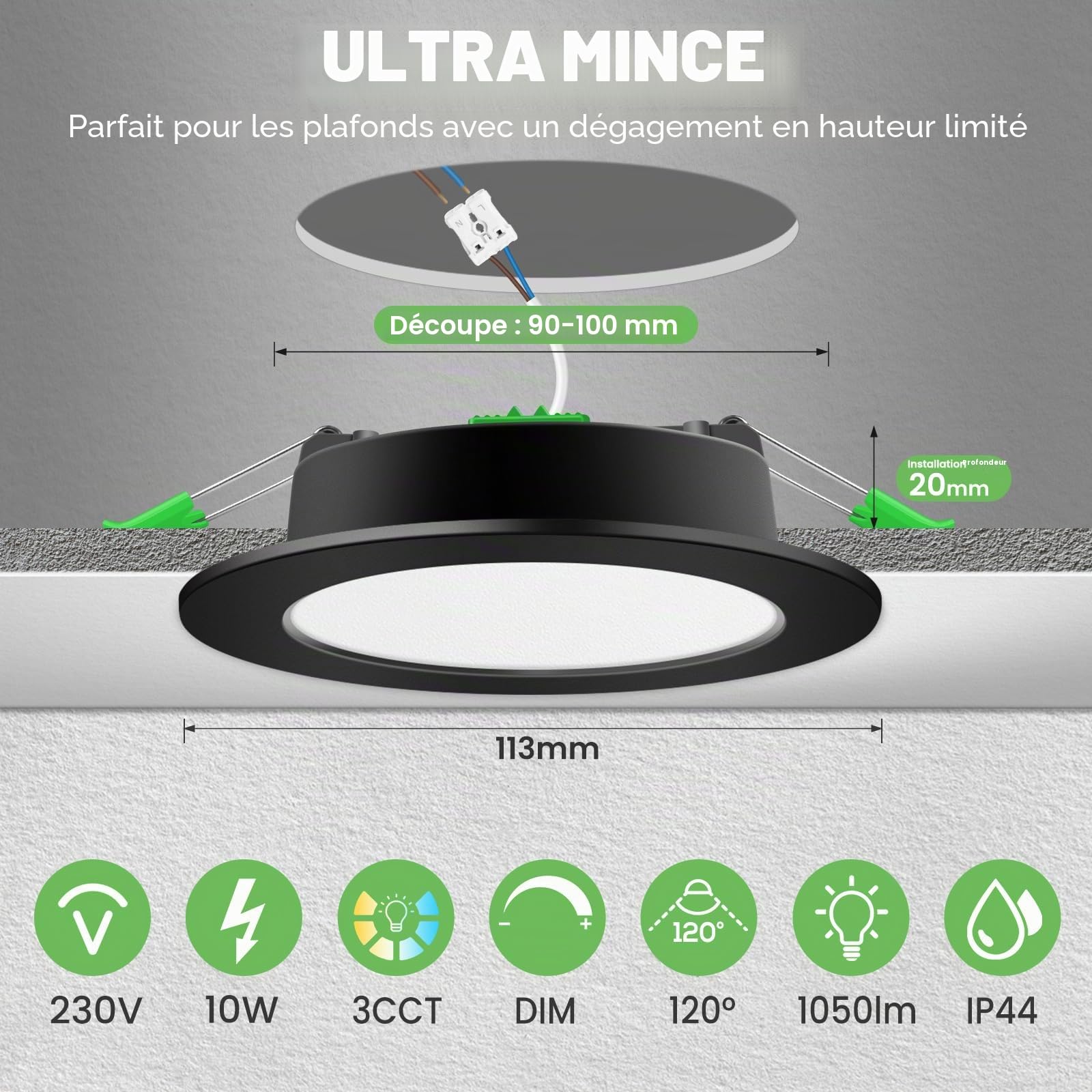 ALUSSO Spot LED Encastrable Extra Plat, 10W 1050LM Dimmable IP44 Spot Etanche Salle de Bain, 3CCT Blanc Chaud 3000K Blanc Neutre 4000K Blanc Froid 6500K, Trou Φ90-100MM, AC220-240V, Noir, Lot de 12