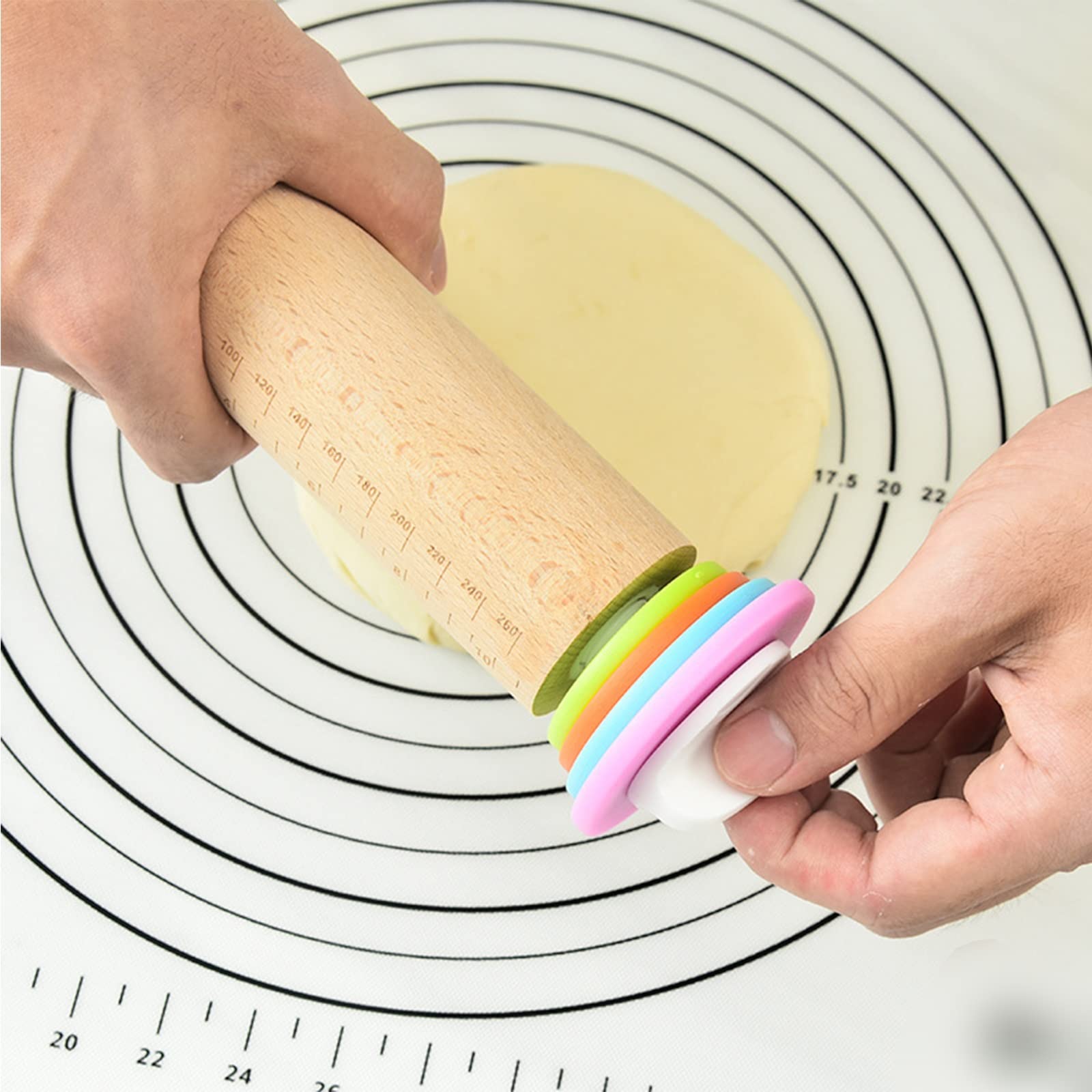 Rodillo, cinturón 4 anillos de grosor extraíbles, con alfombrilla de silicona para hornear, juego de rodillo de madera ajustable, se aplica a fondant, pizza, masa de tarta, galleta, pastelería