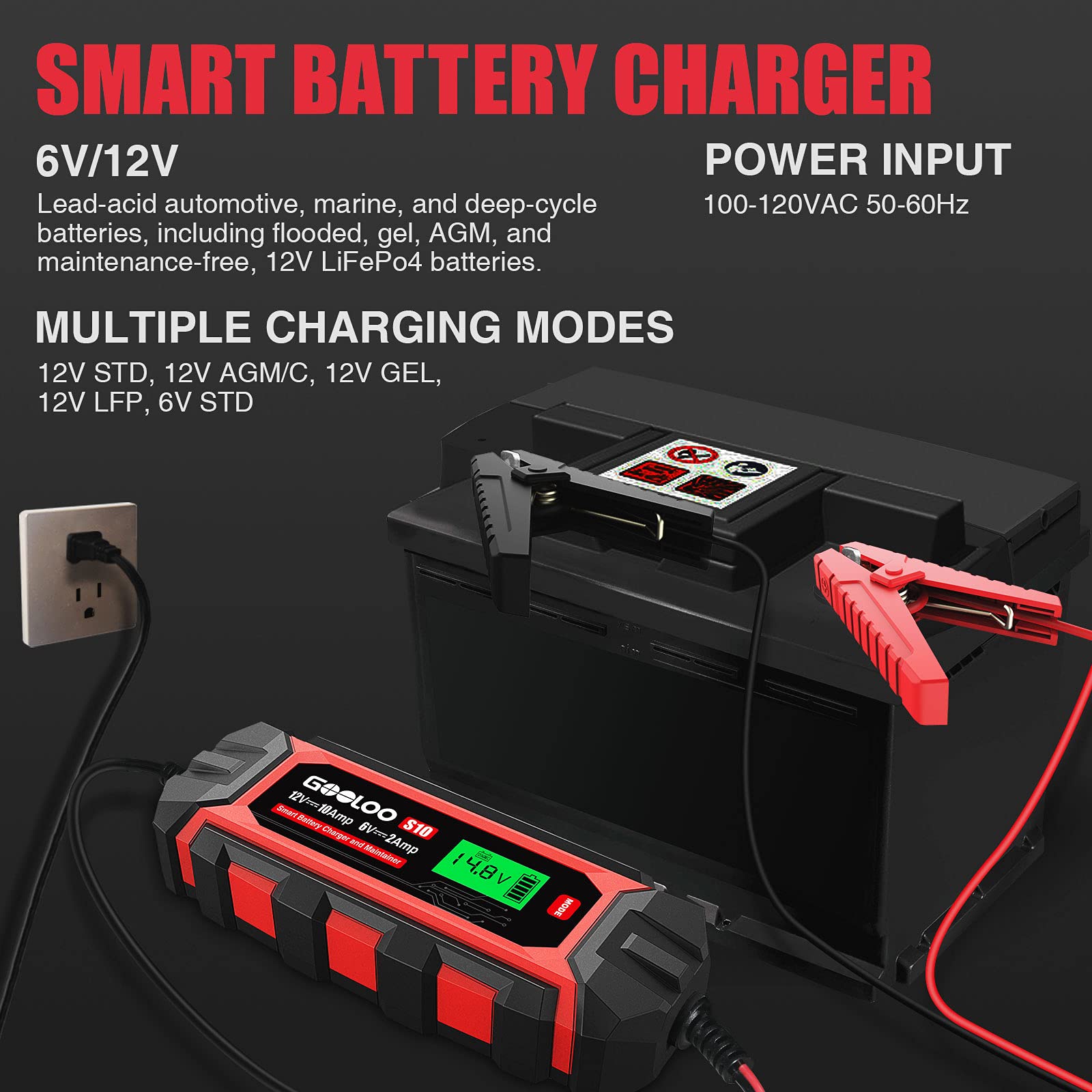 GOOLOO 10Amp Car Battery Charger, 6V And 12V Fully